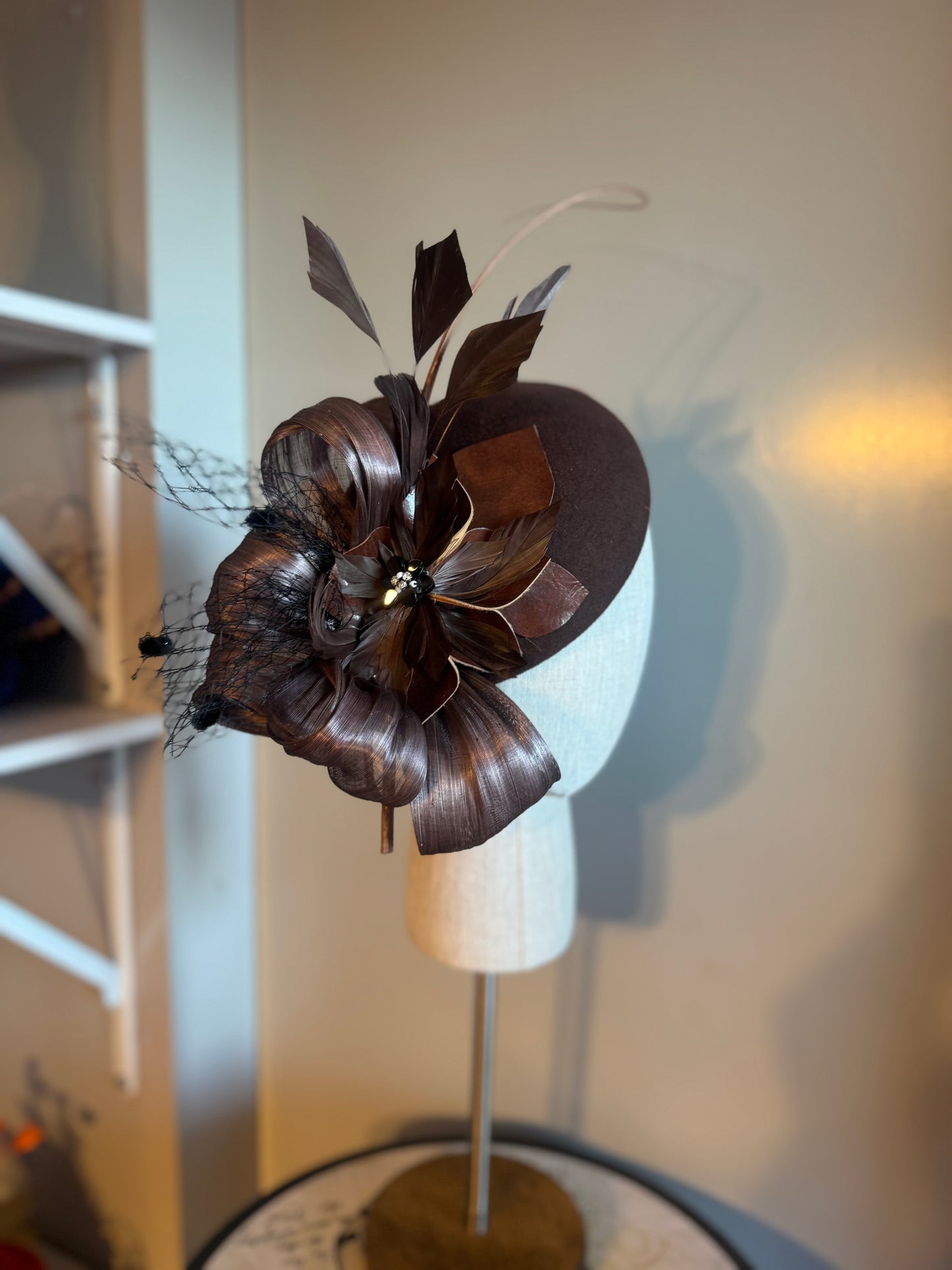 “Lucy” chocolate & black felt/wool pillbox