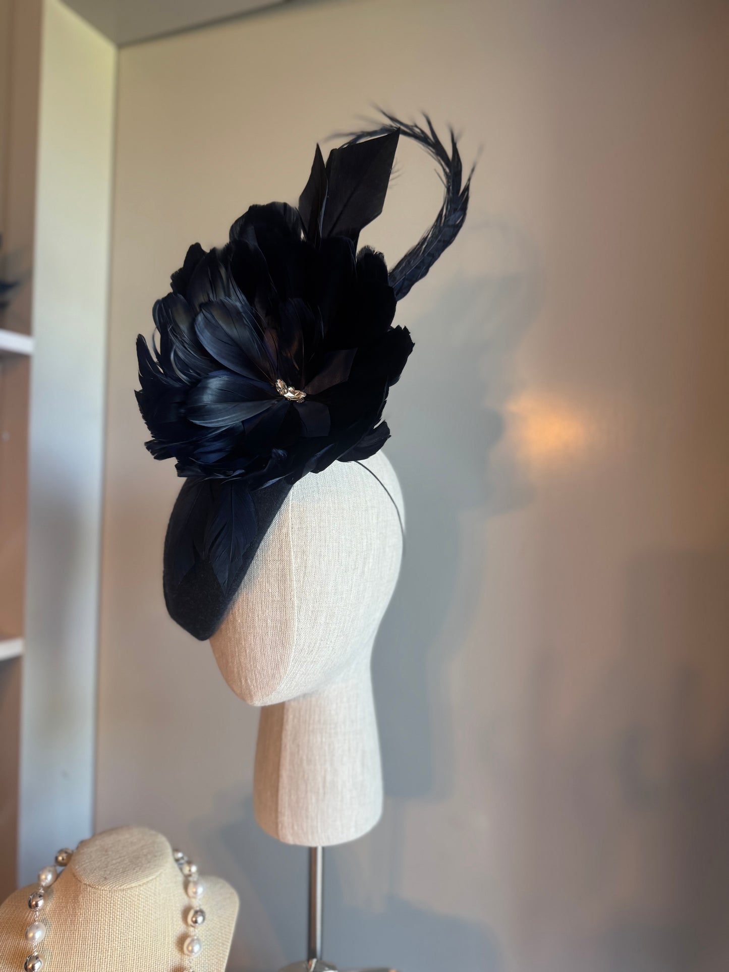 “Laura” Navy feather statement pillbox