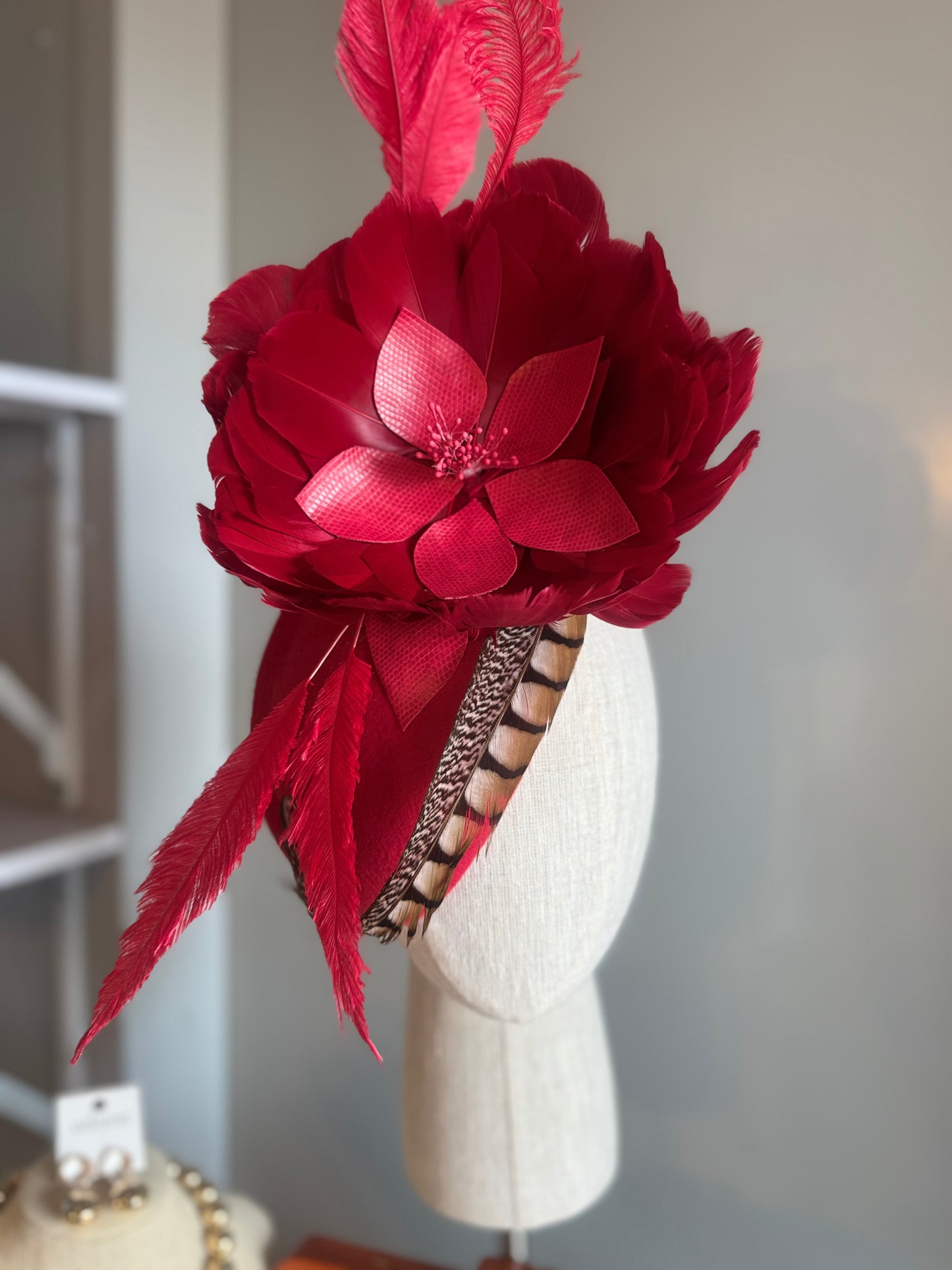 “Dixie” Red feather felt/wool pillbox