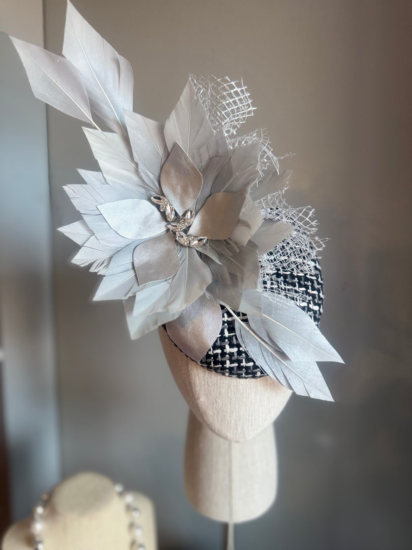 “Beatrice” Silver grey, black & white feather felt/wool statement