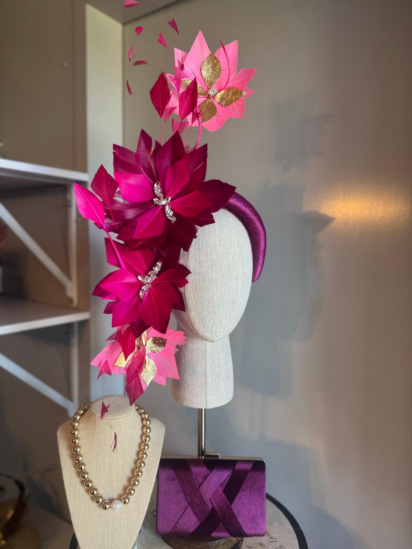 “Bridgette” magenta hot pink & gold feather statement