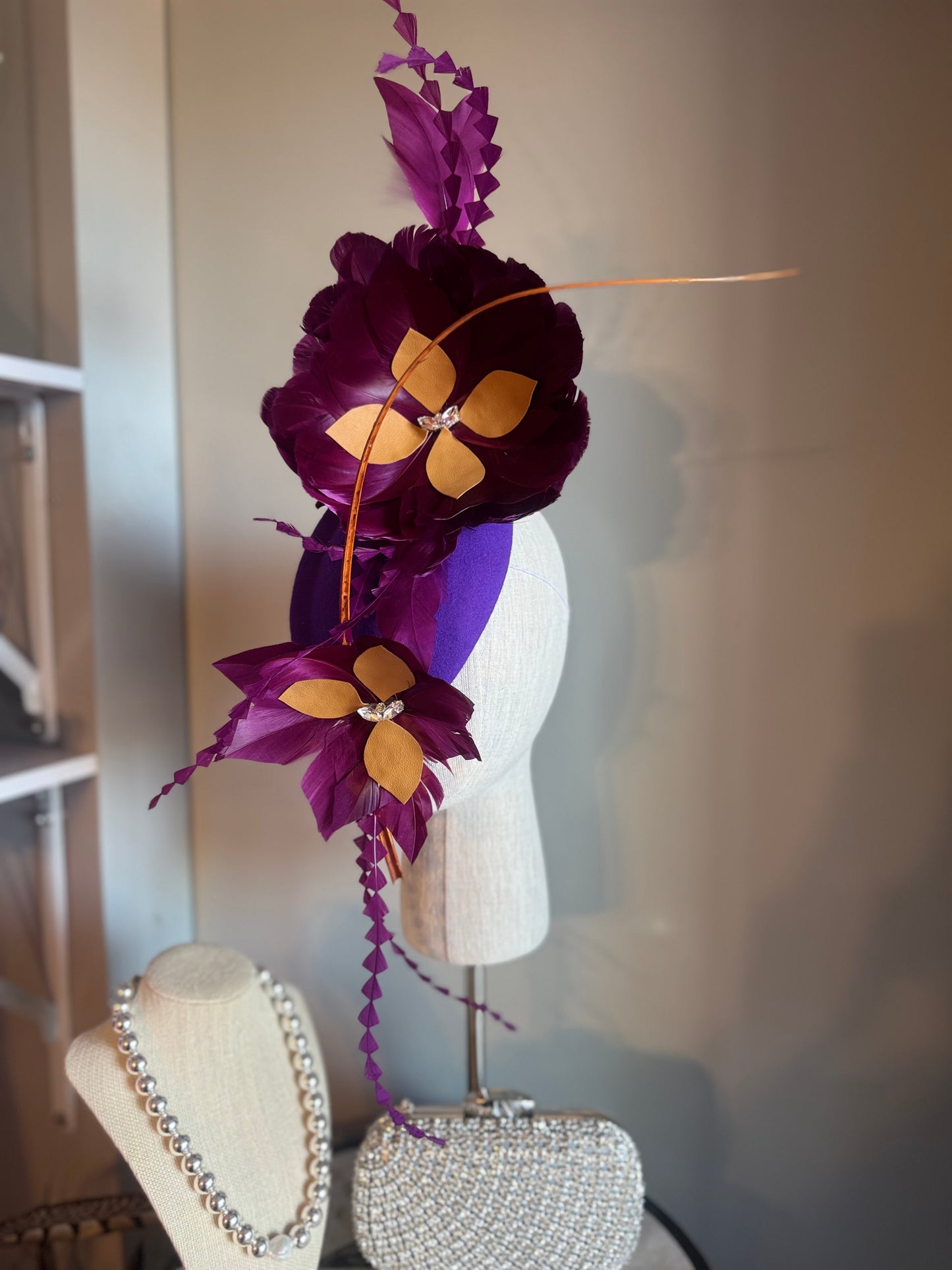 “Mimi” purple and tan feather felt/wool pillbox