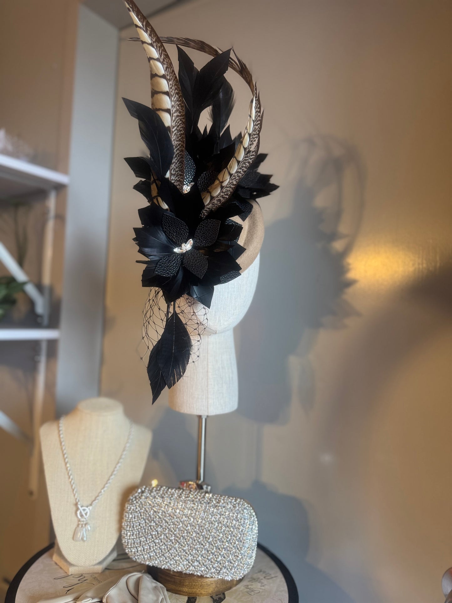 “Dimity” black latte feather pleather statement pillbox
