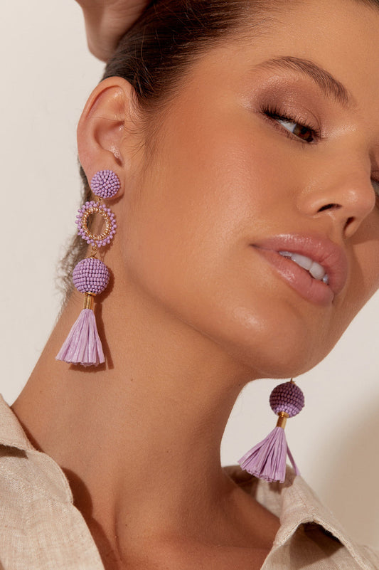 TASSEL DROP BEAD EVENT EARRINGS (LAVENDER/GOLD