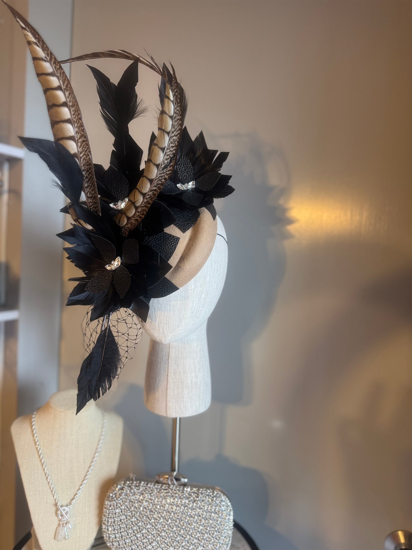 “Dimity” black latte feather pleather statement pillbox