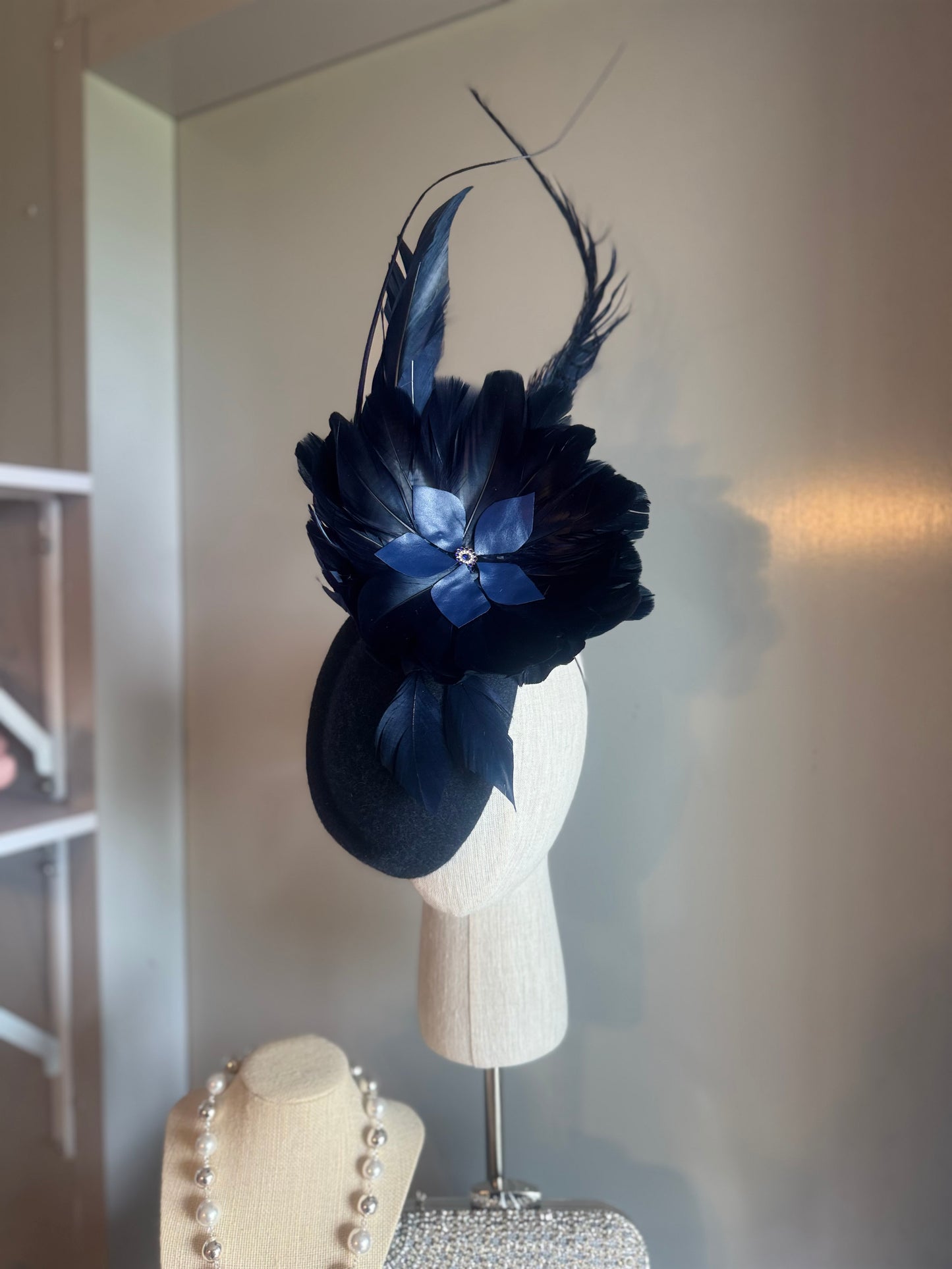 “Morgan” Navy feather statement pillbox
