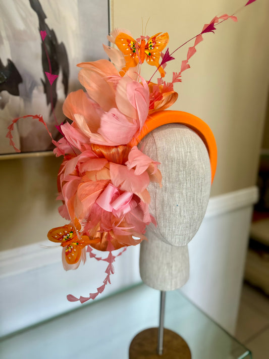 “Tenille” orange pink coral feather floral