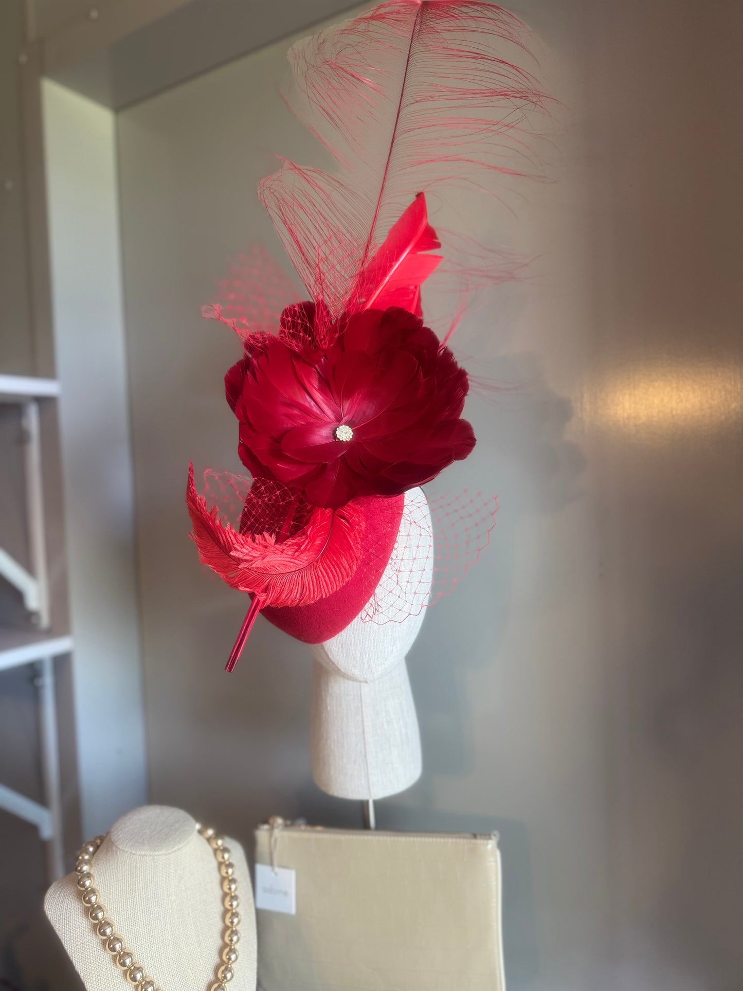 “Porsha” red feather statement pillbox