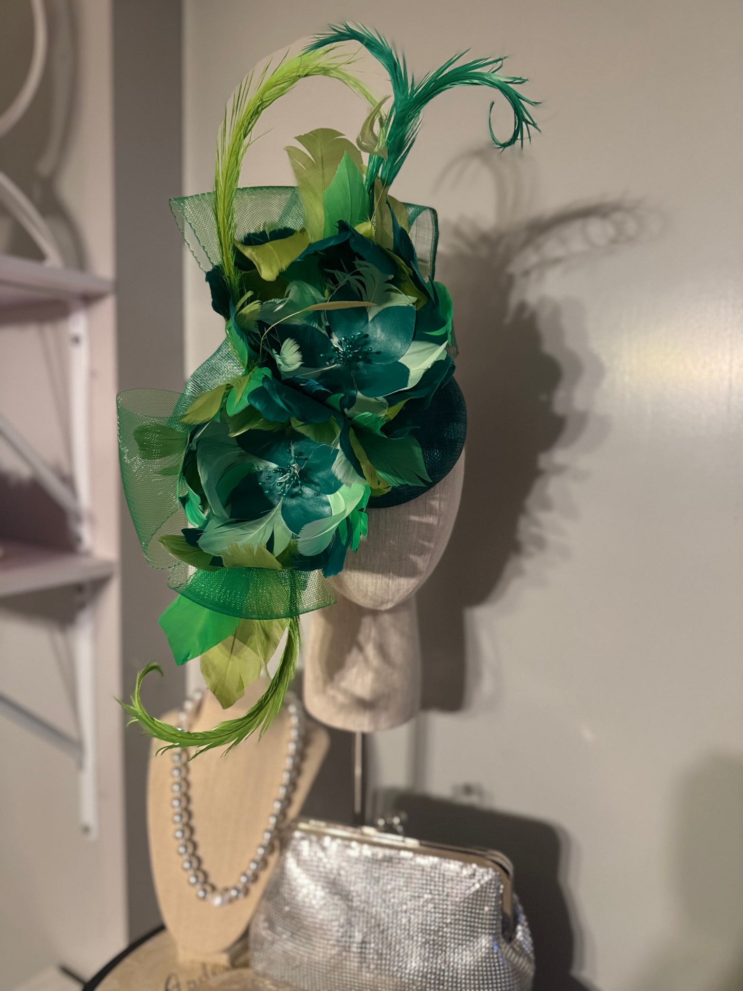 “Simmie” Green feather floral statement