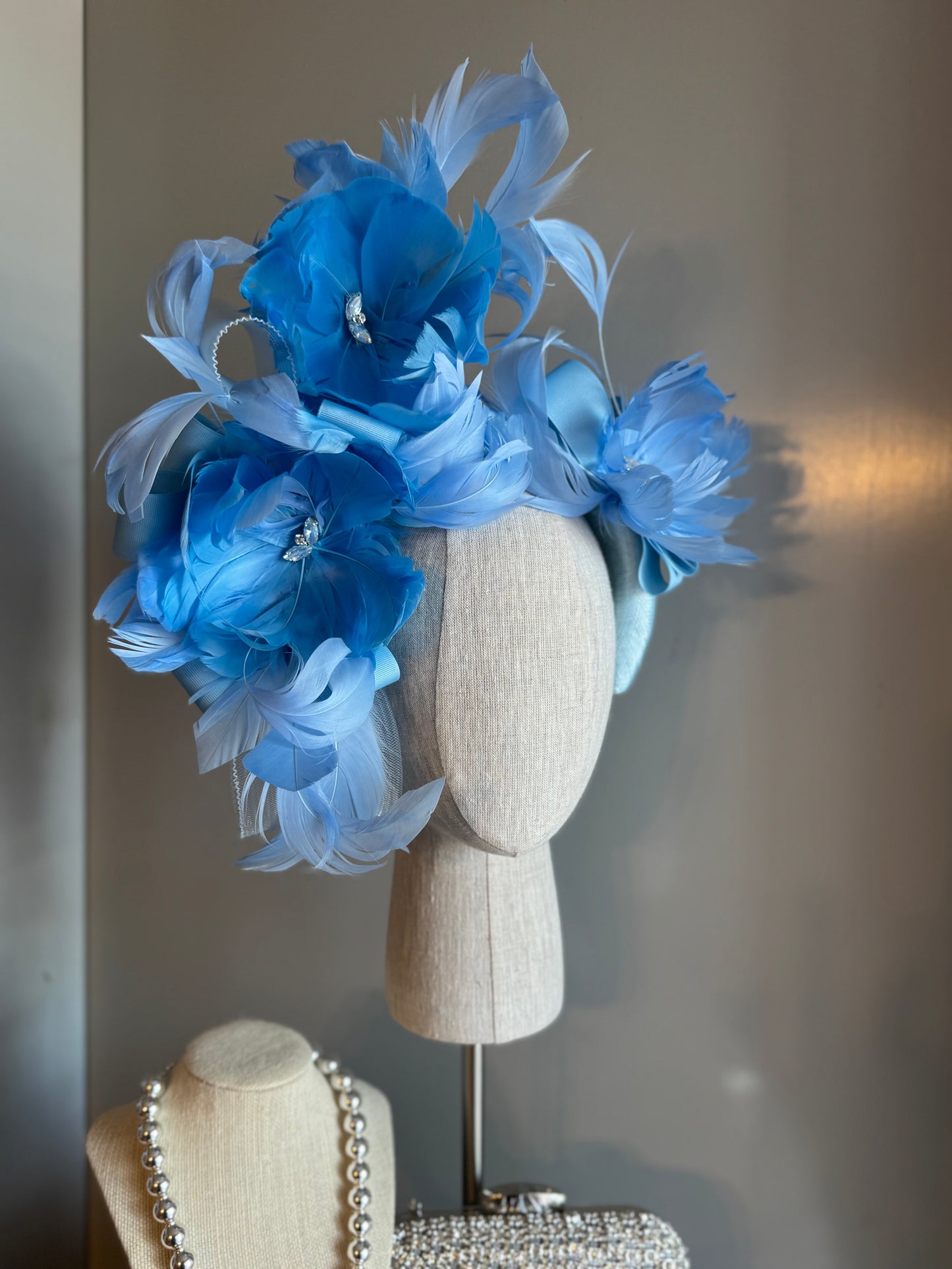 “Leah” blue floral sinamay padded statement headband