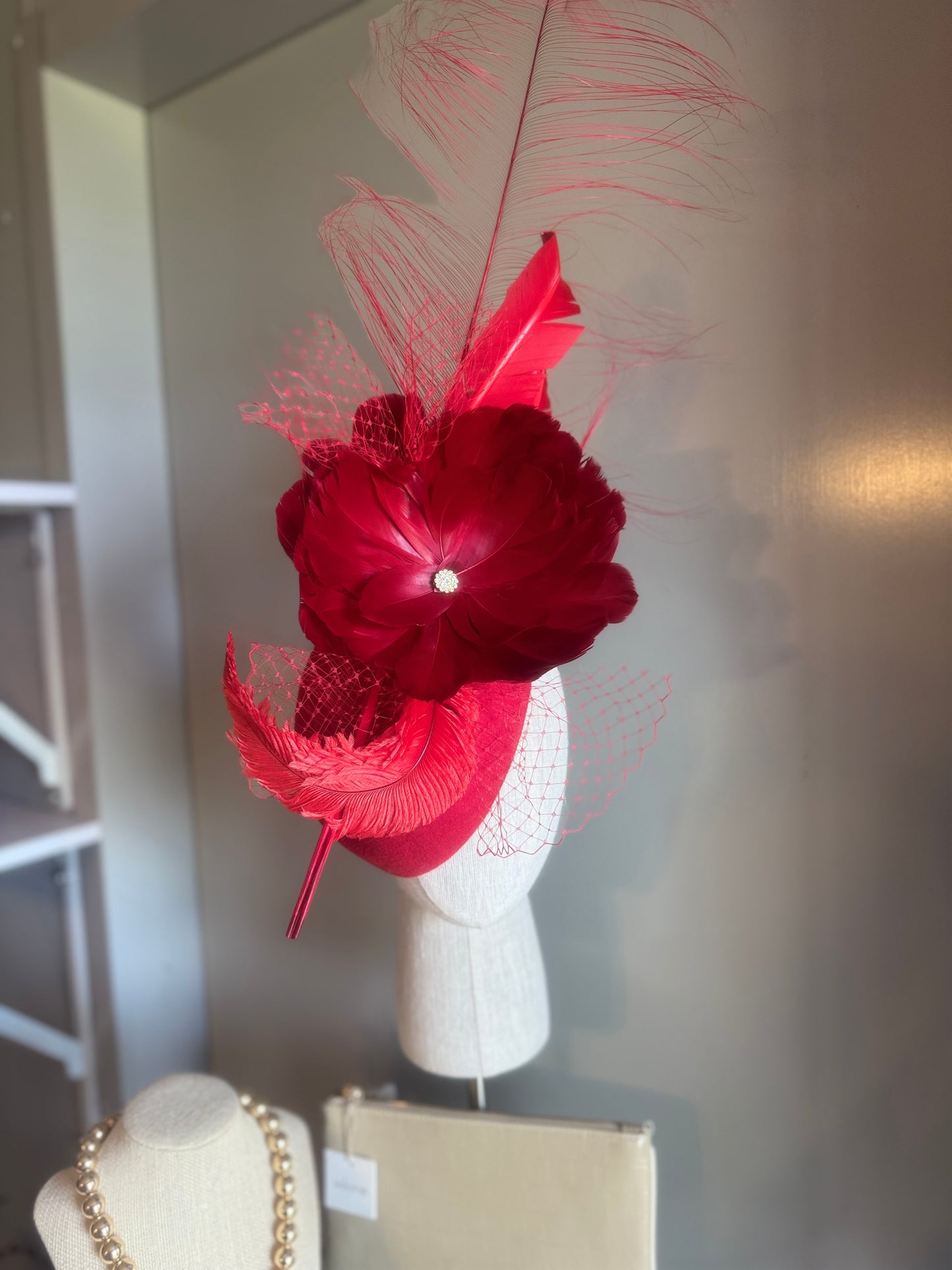 “Porsha” red feather statement pillbox