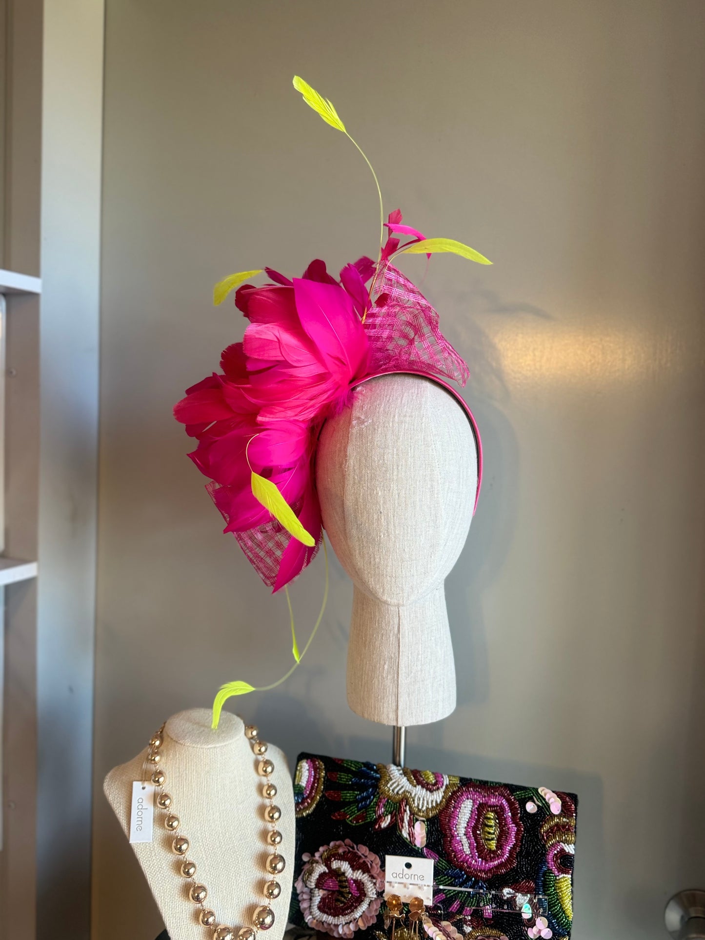 “Montanna” hot pink & neon feather fascinator