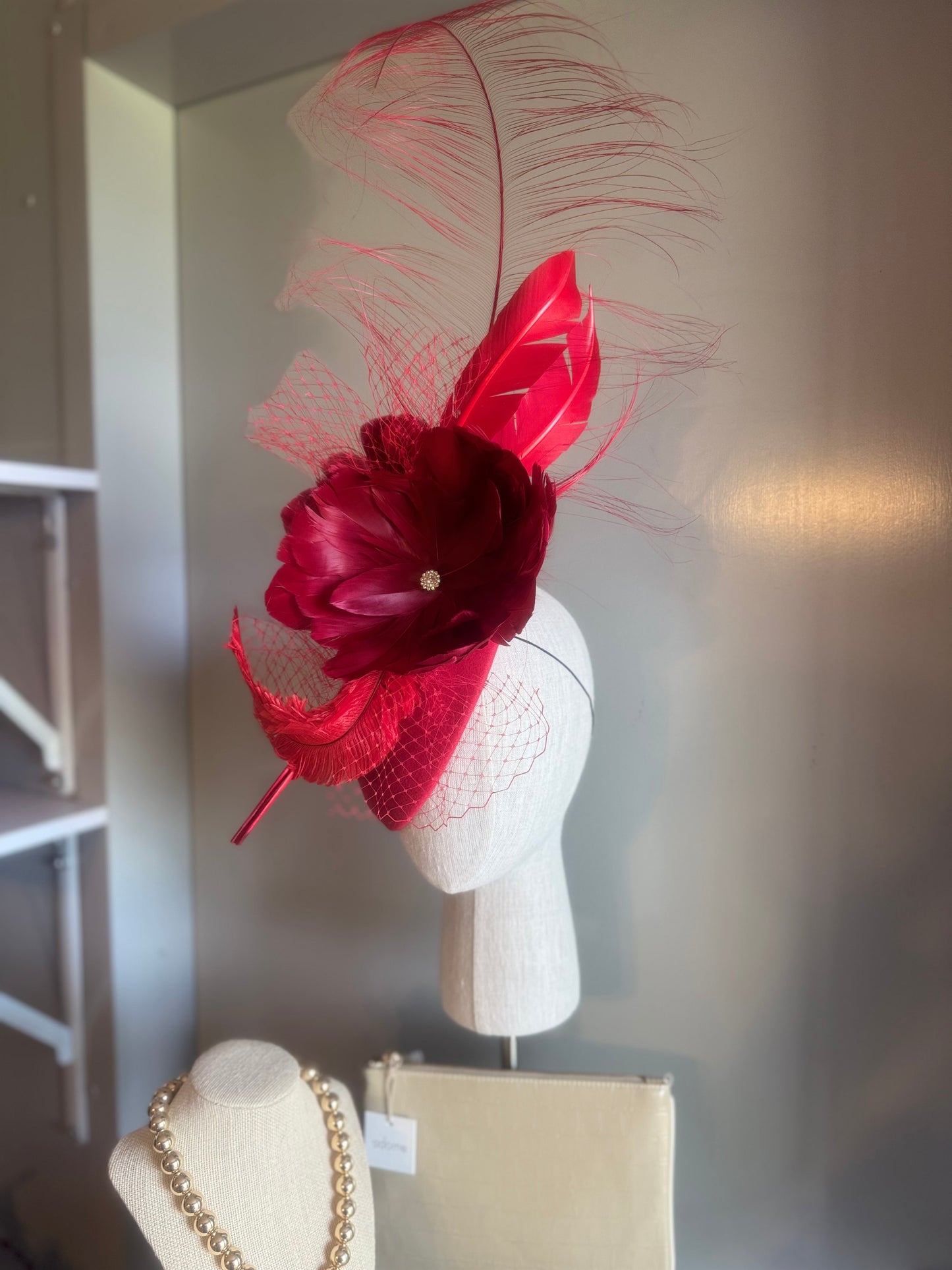 “Porsha” red feather statement pillbox