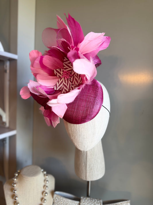 “Dimity” pink feather floral statement fascinator