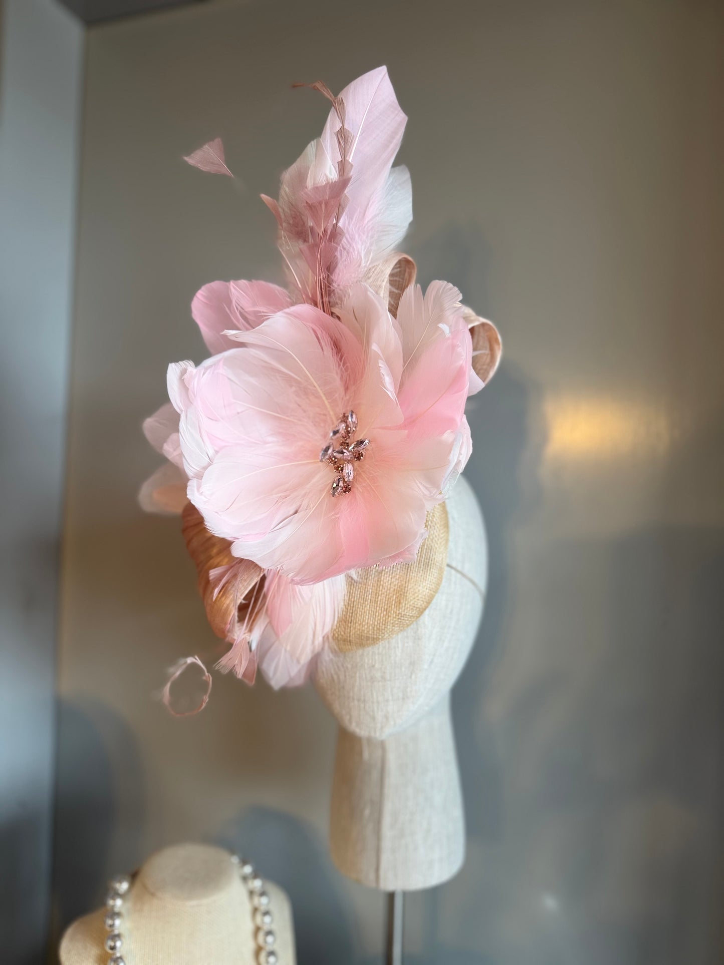 “Aubrey” soft pinks & cream feather floral statement