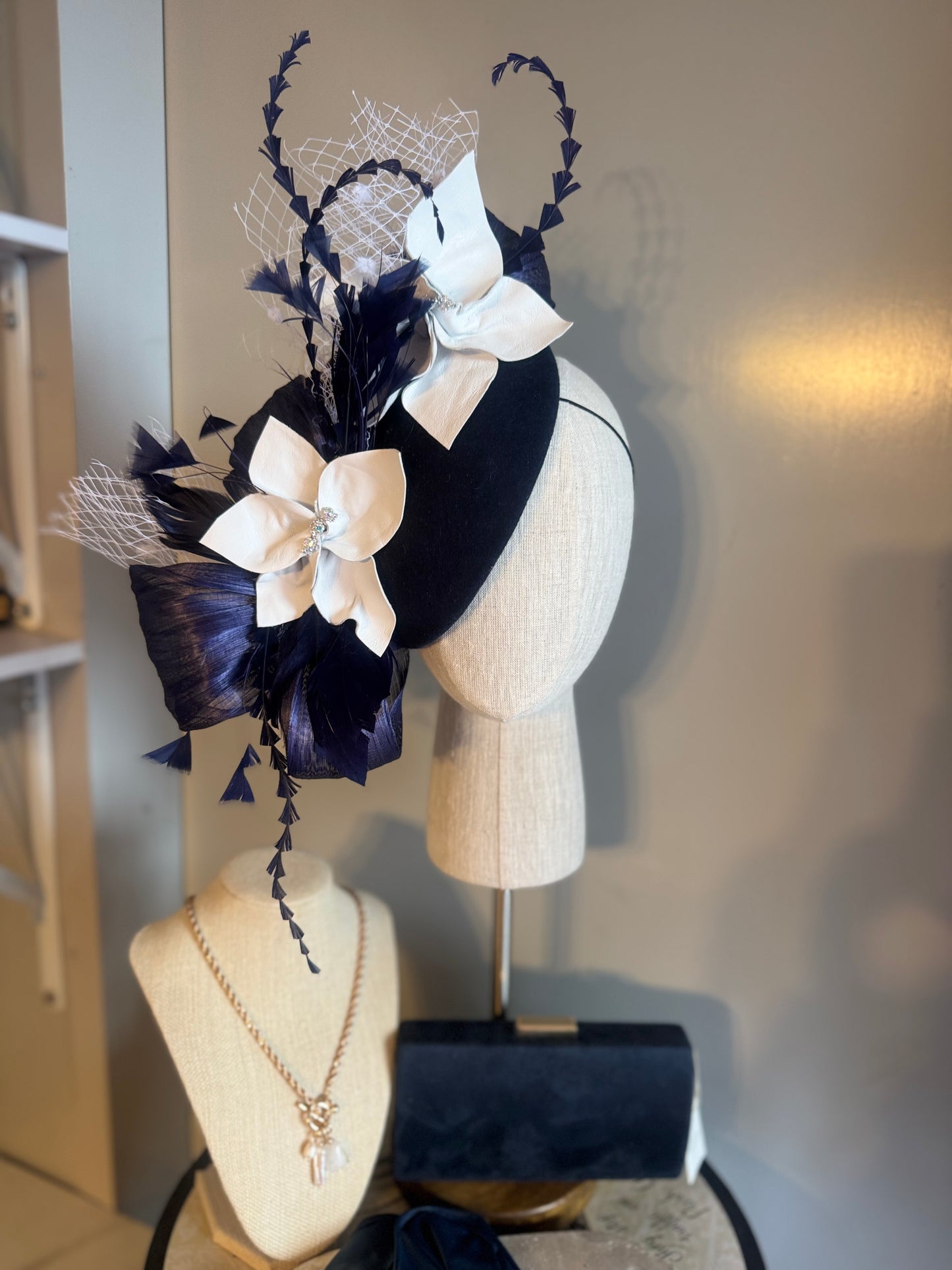 “Gabby” Navy and white pillbox