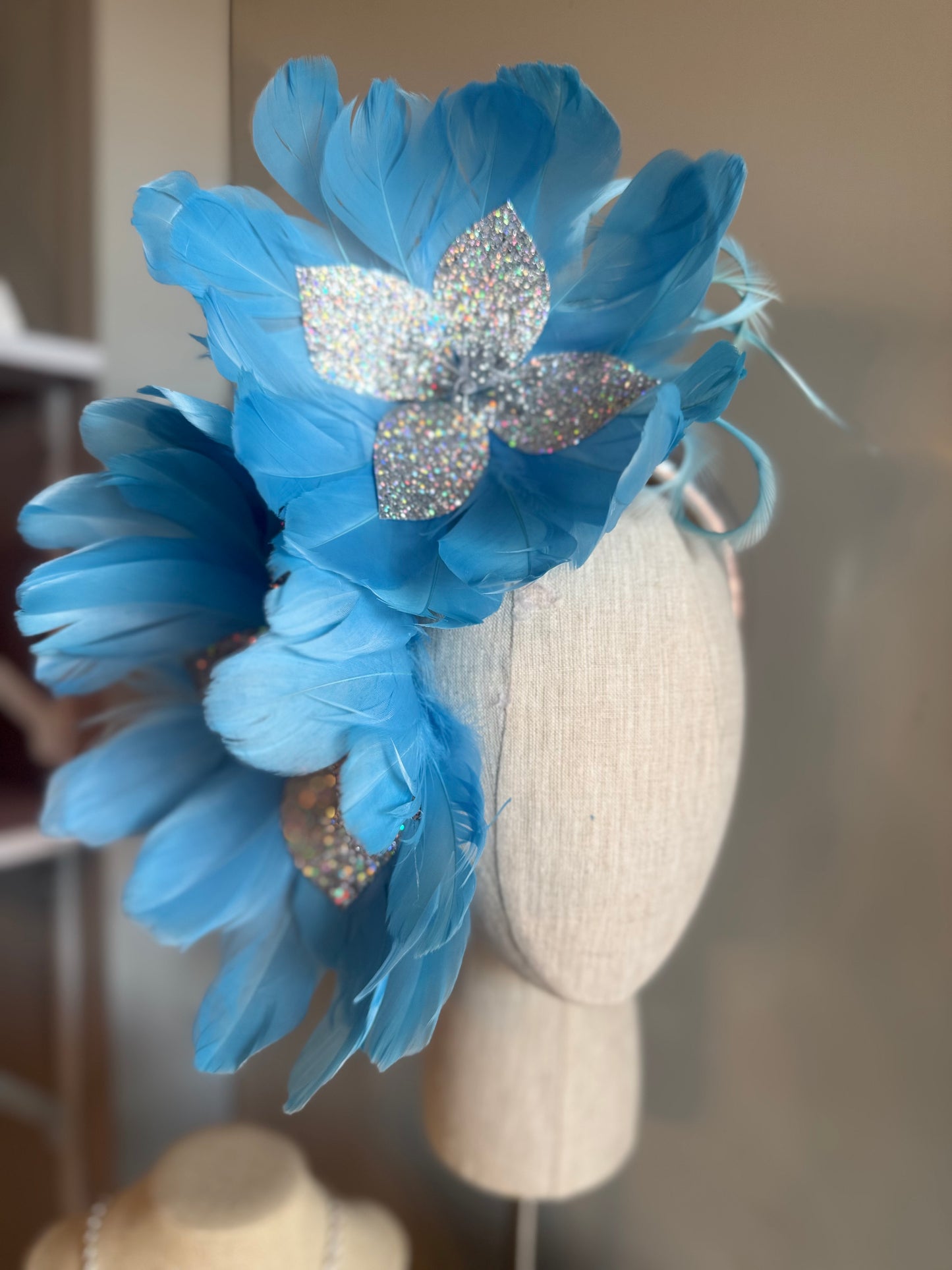“Jeanada” baby blue & silver feather statement
