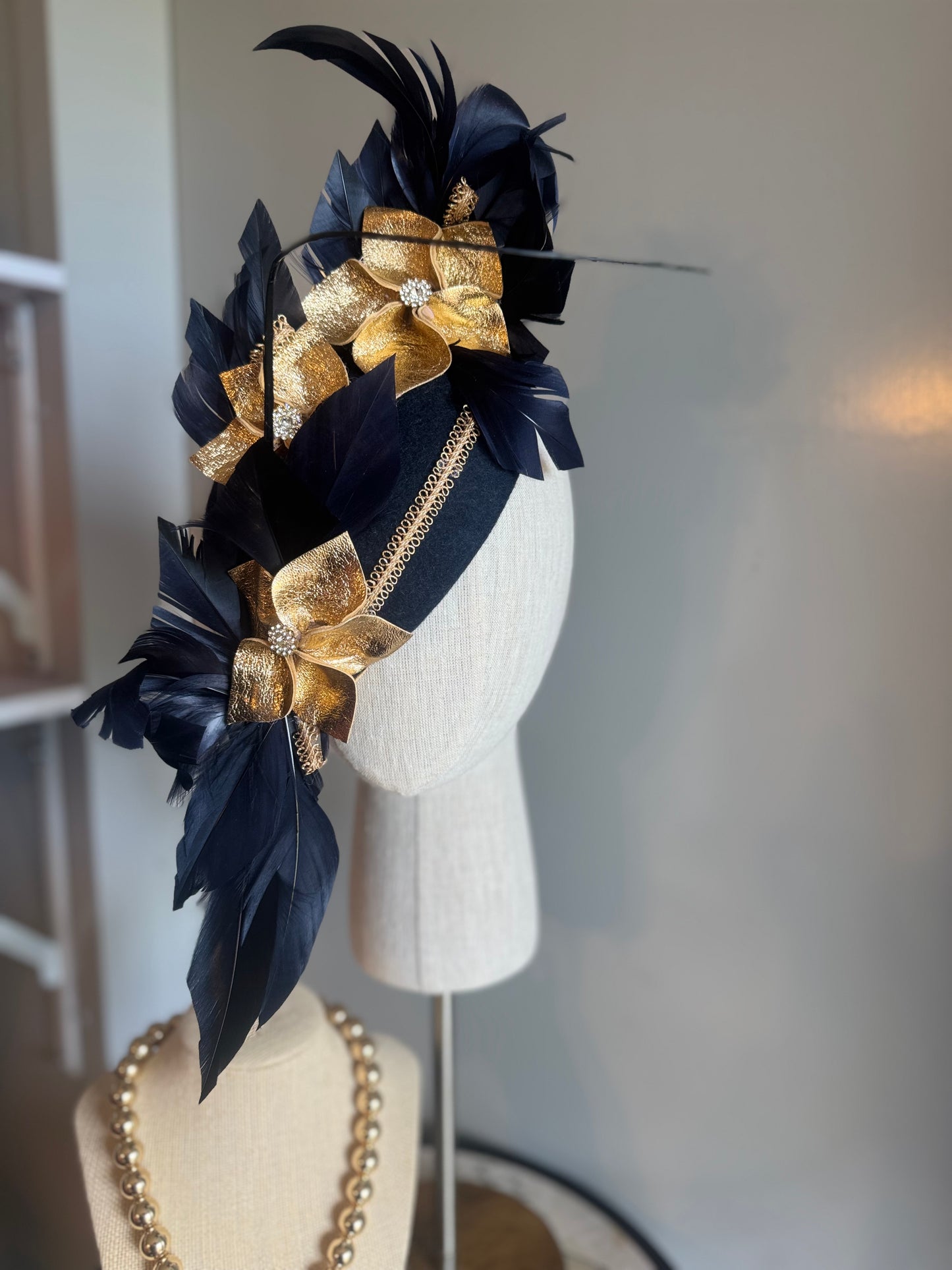 “Rita” Navy and Gold leather felt/wool pillbox