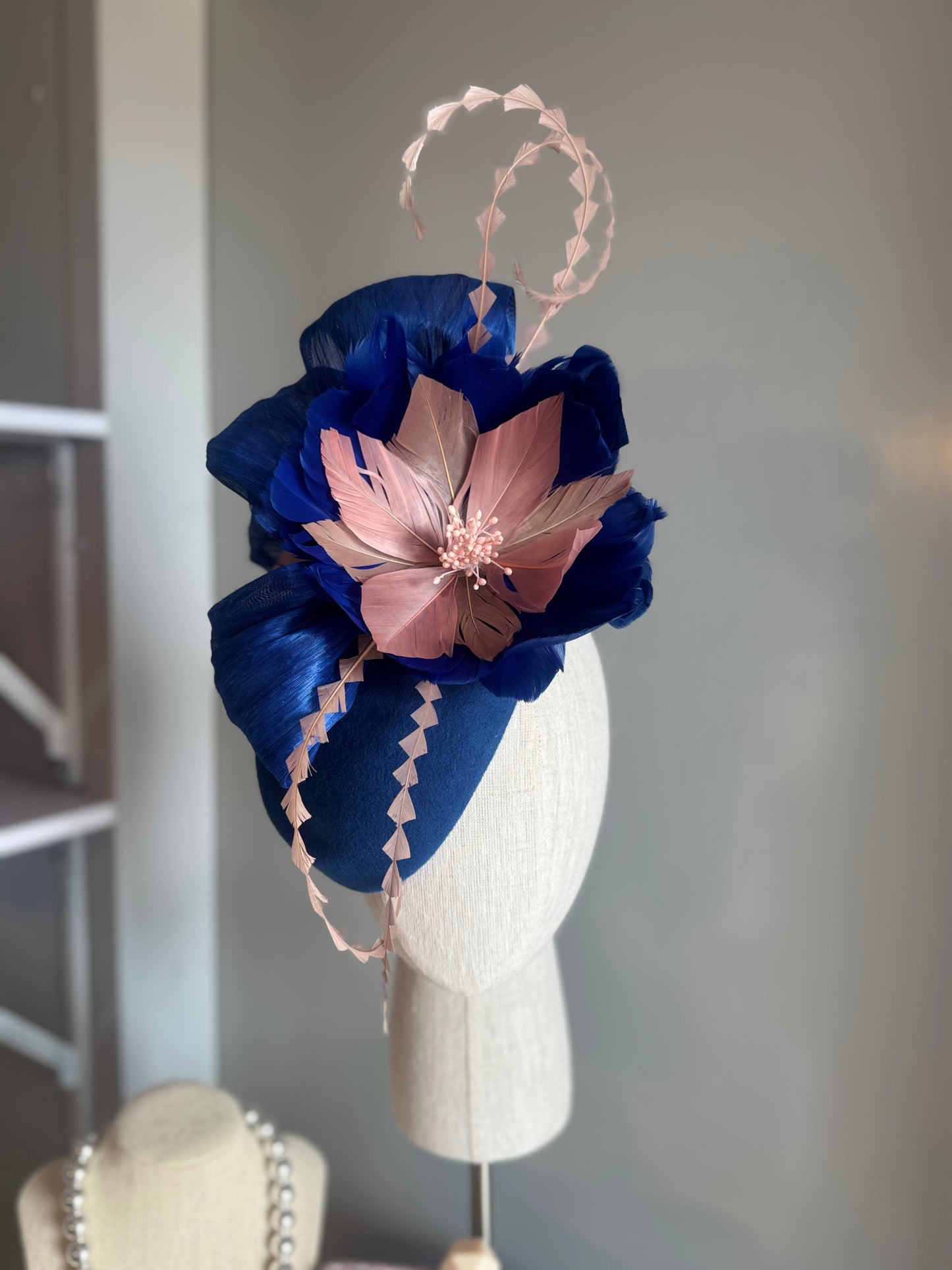 “Cynthea” blue,pink & latte feather pillbox