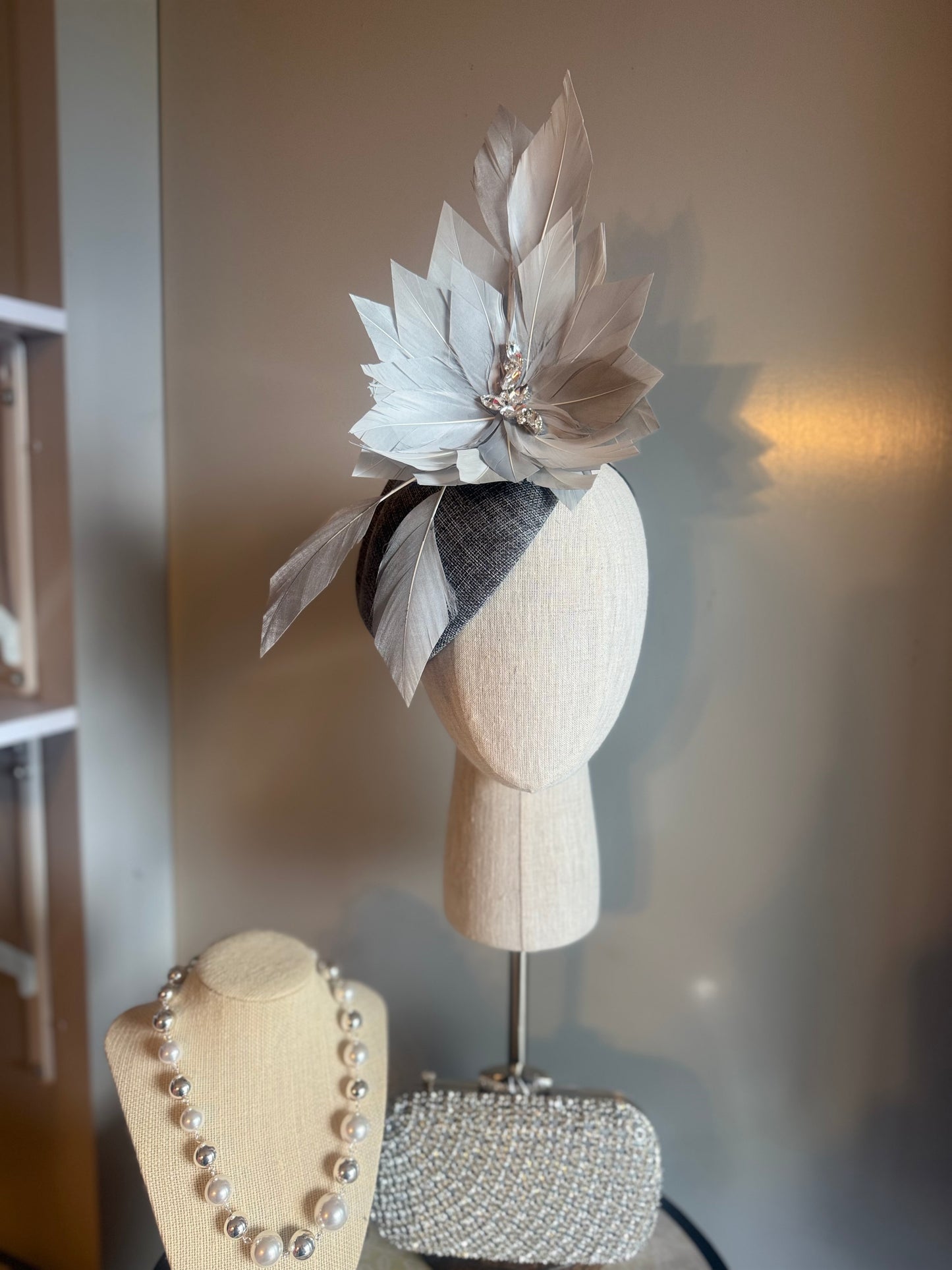 “Sylvie” grey feather linen pillbox