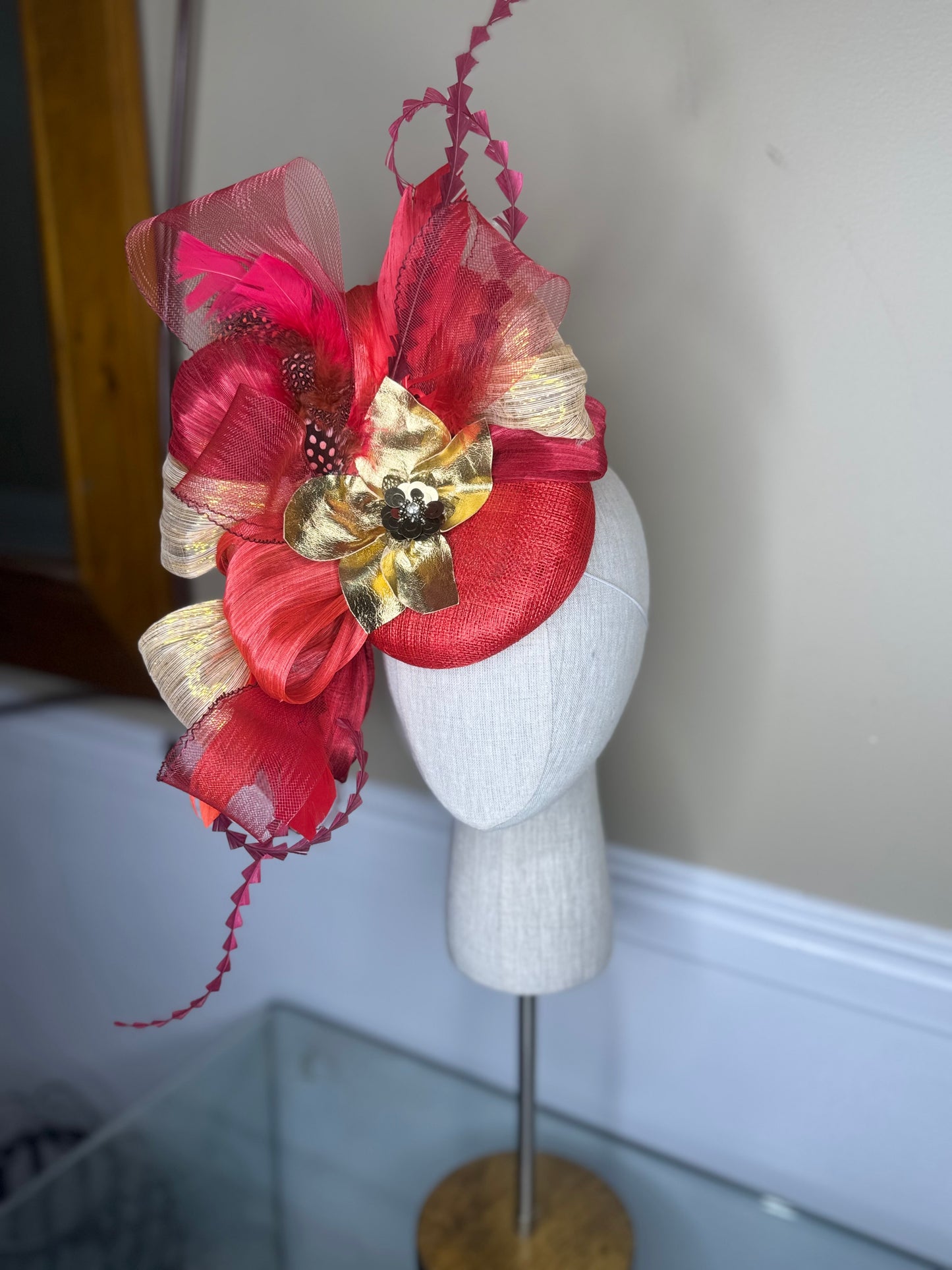 “Lucia” shades of red & gold statement fascinator