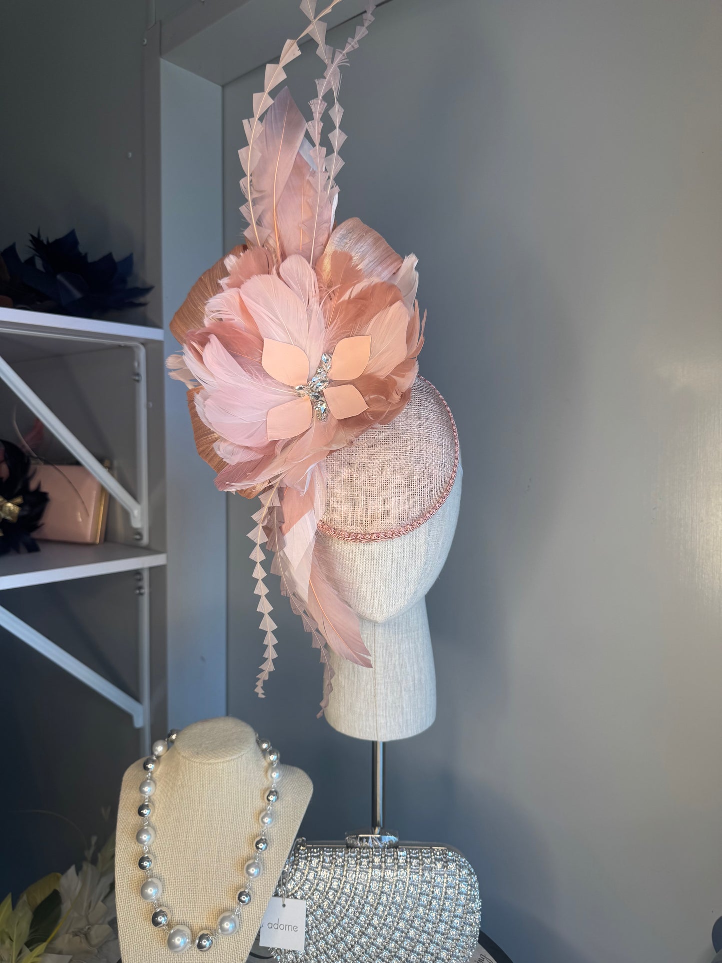 “Melinda” blush pink feather statement