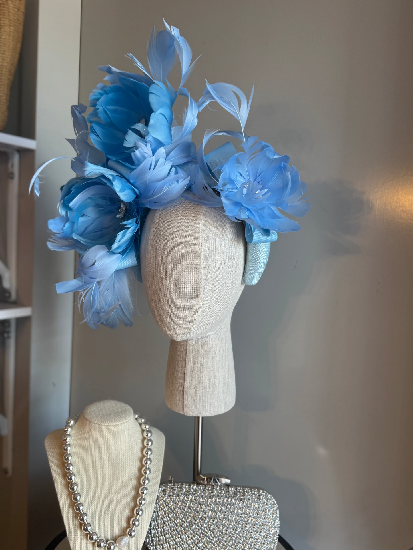 “Leah” blue floral sinamay padded statement headband