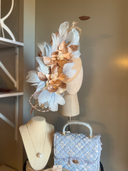 “Ally” beige,rose gold & soft blue pillbox