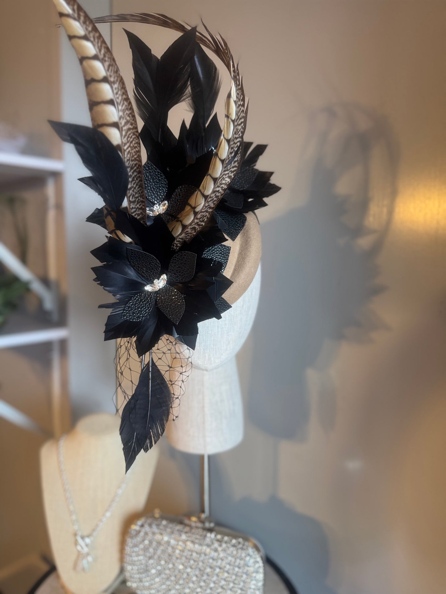 “Dimity” black latte feather pleather statement pillbox