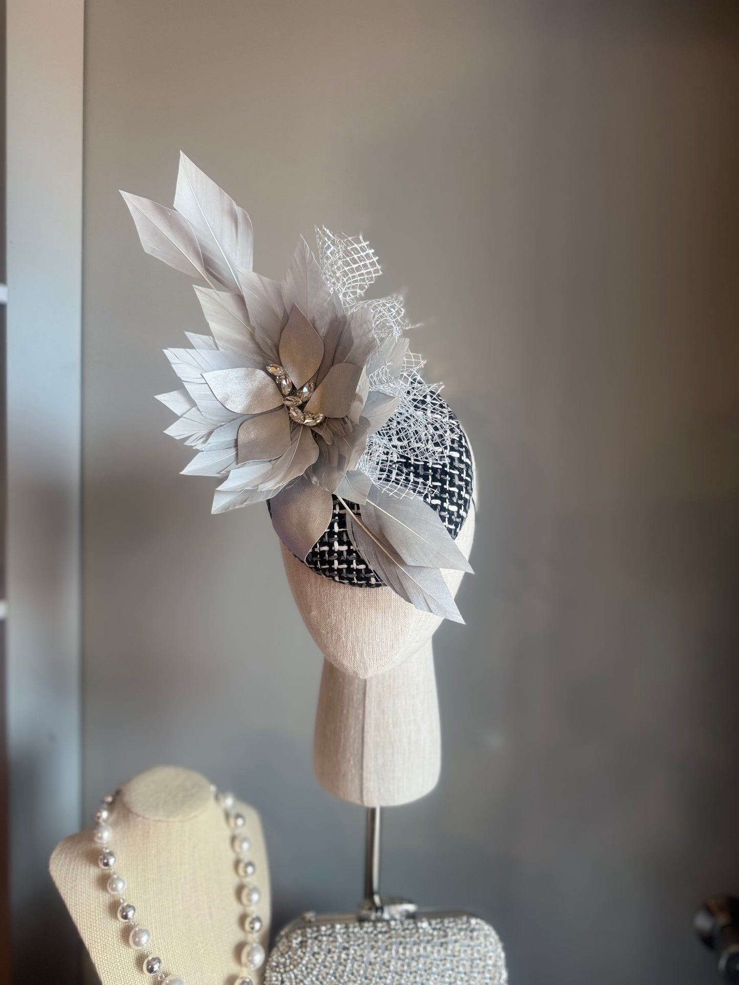 “Beatrice” Silver grey, black & white feather felt/wool statement