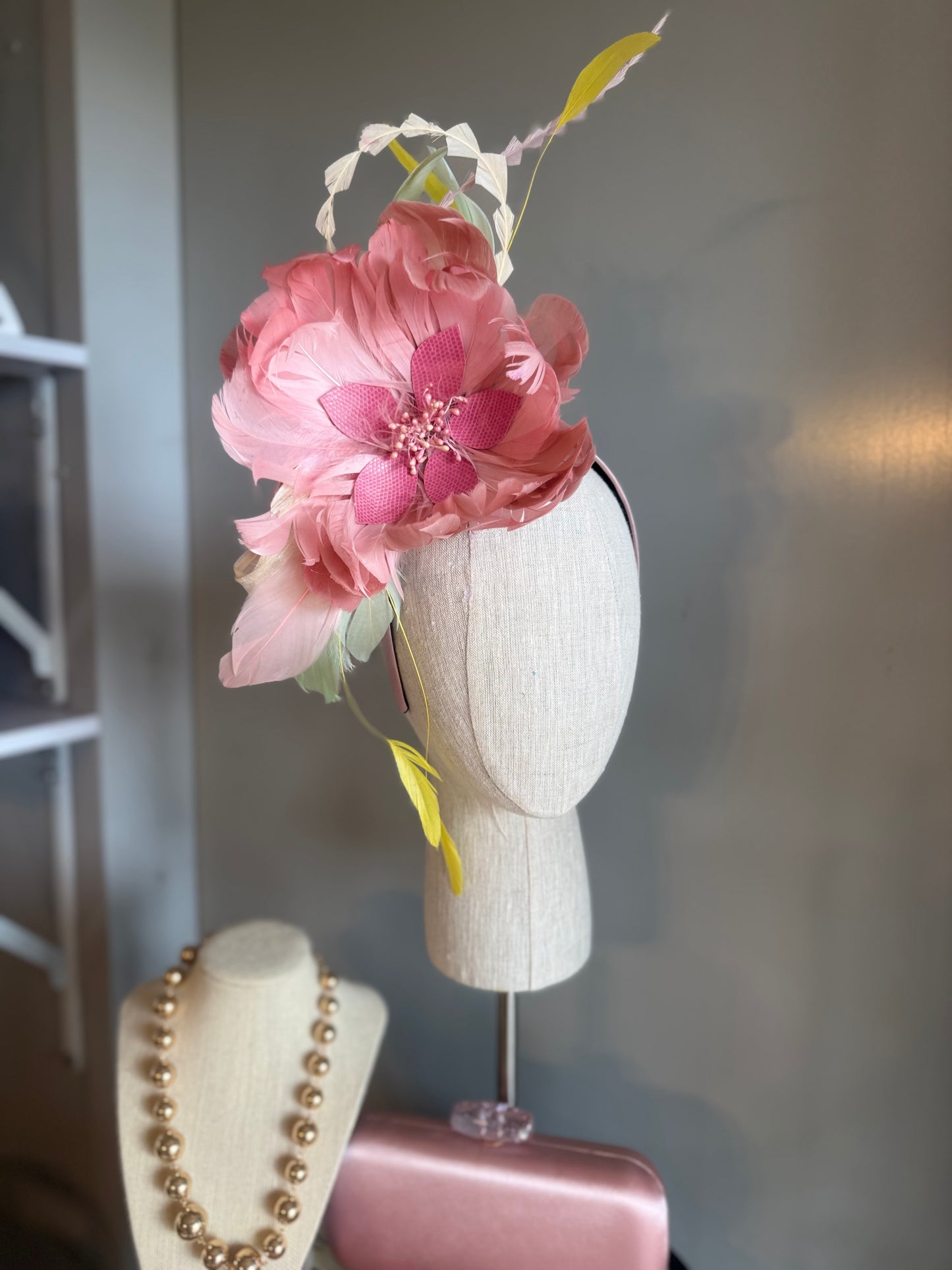 “Fleur” soft pinks,greens & yellow feather floral