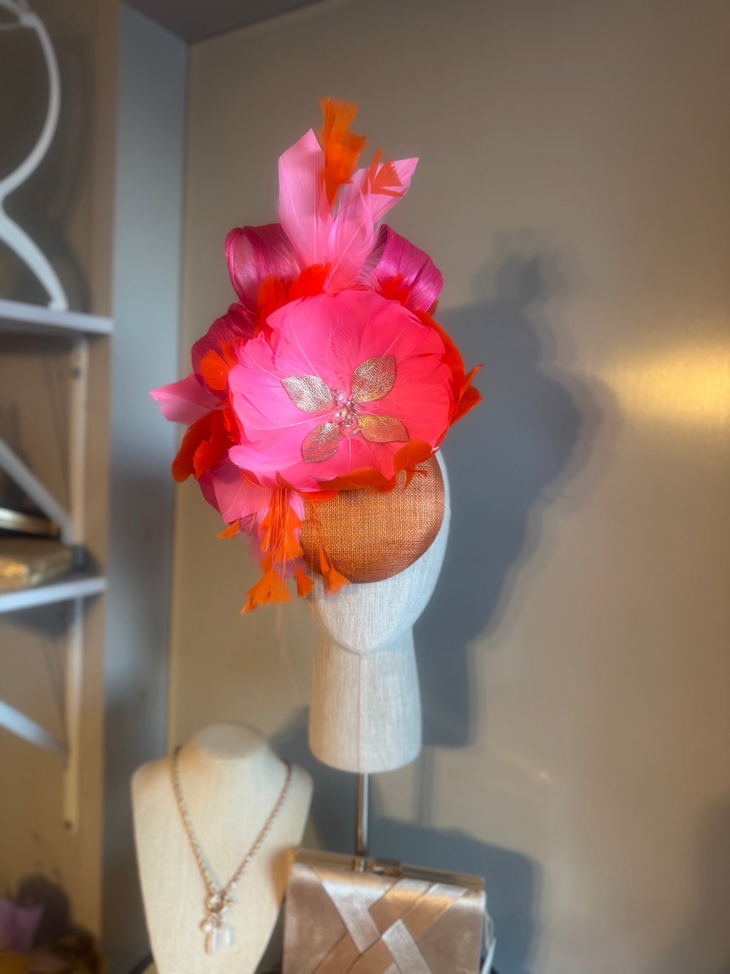 “Eleni” orange, pink & rose gold feather statement