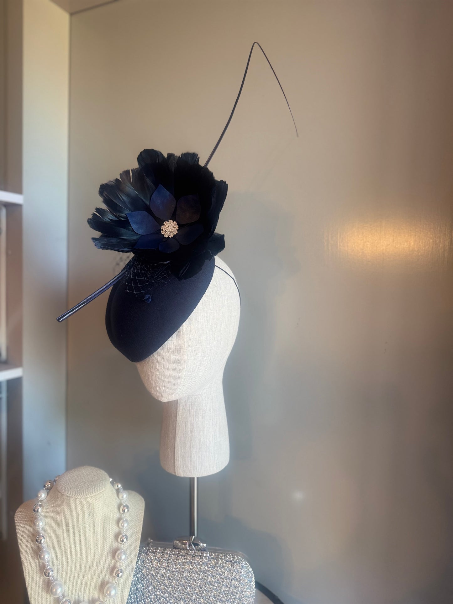 “Claudia” Navy feather pillbox