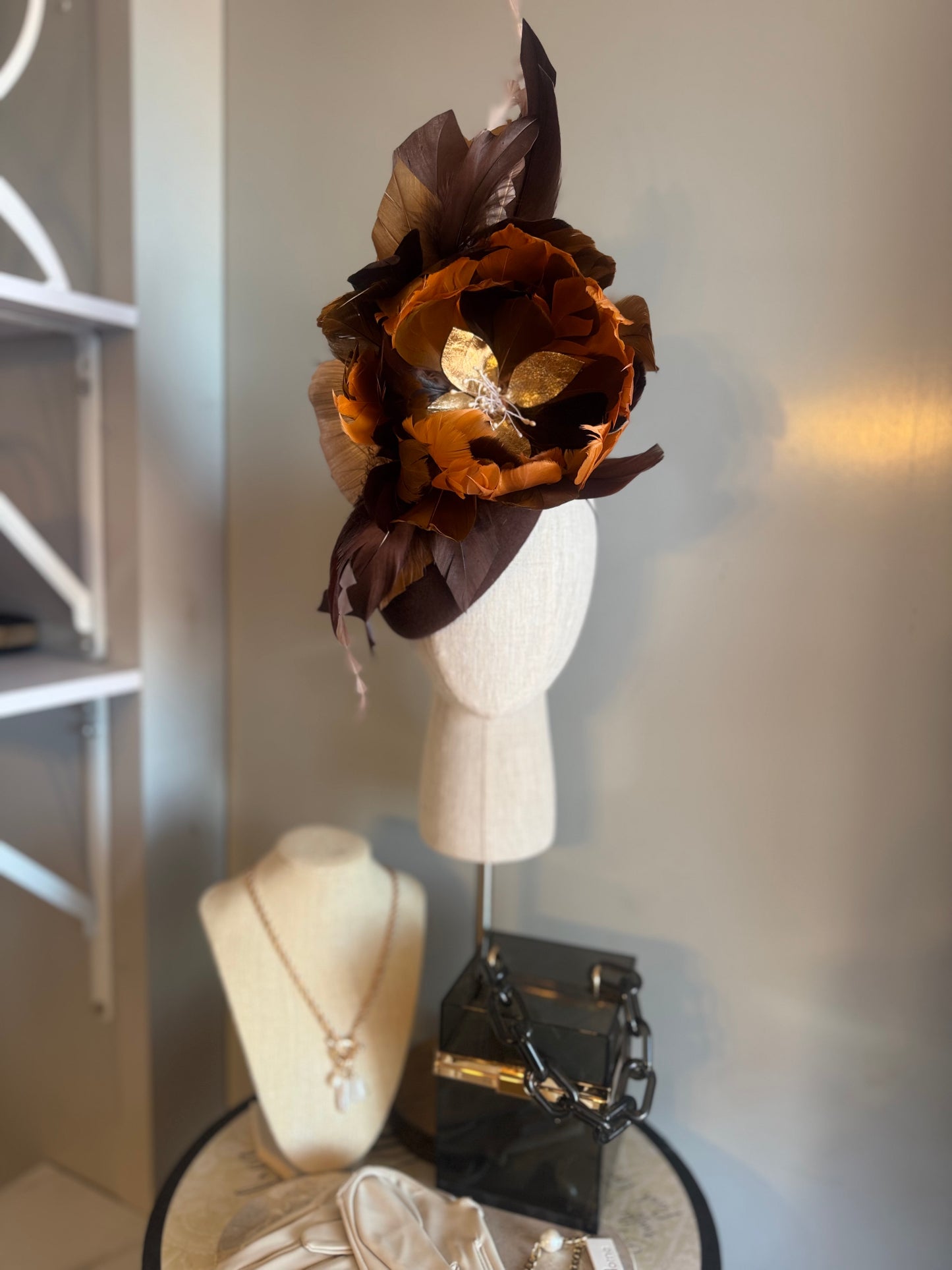 “Jilly” brown & burnt orange feather pillbox