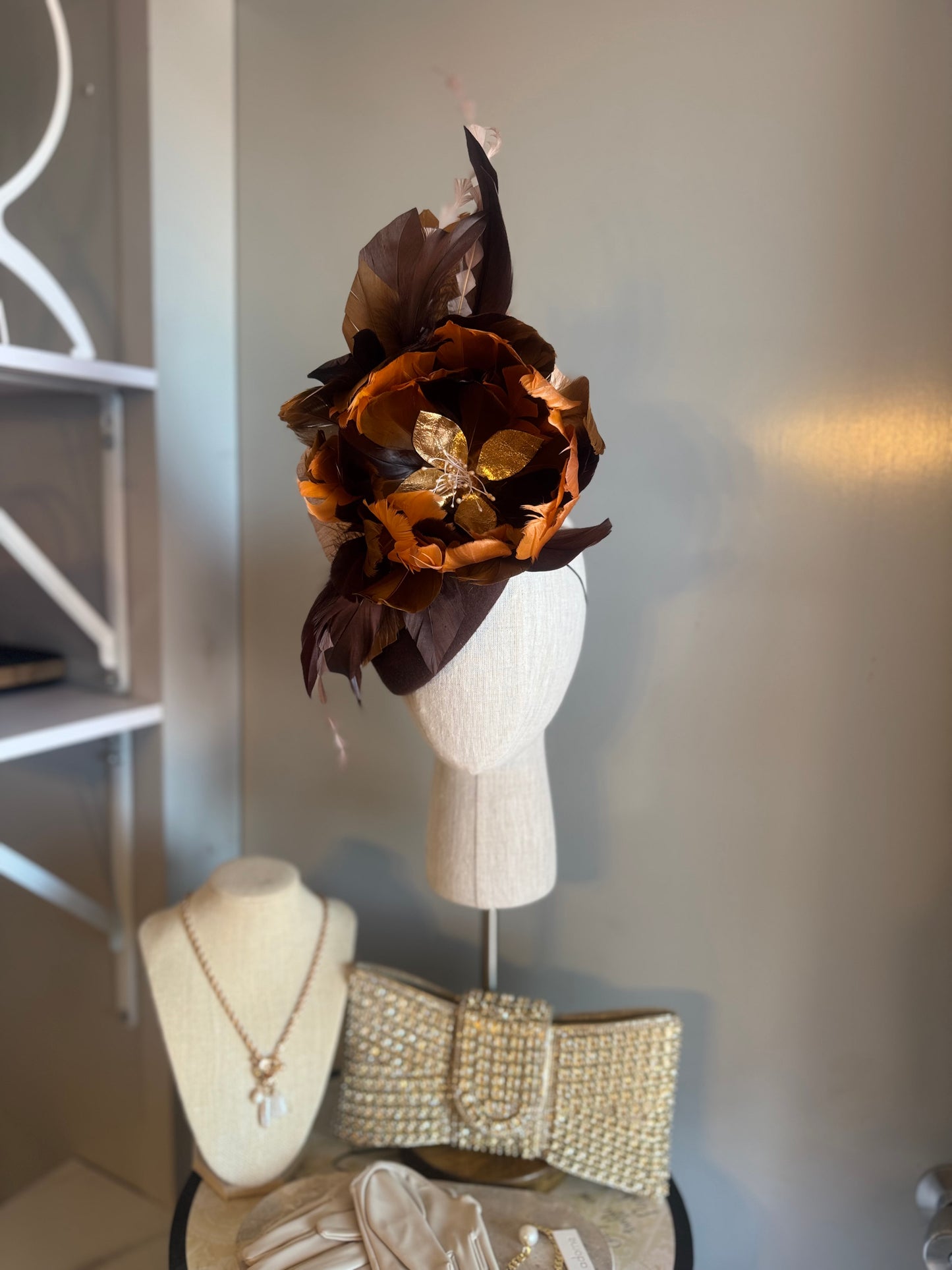 “Jilly” brown & burnt orange feather pillbox