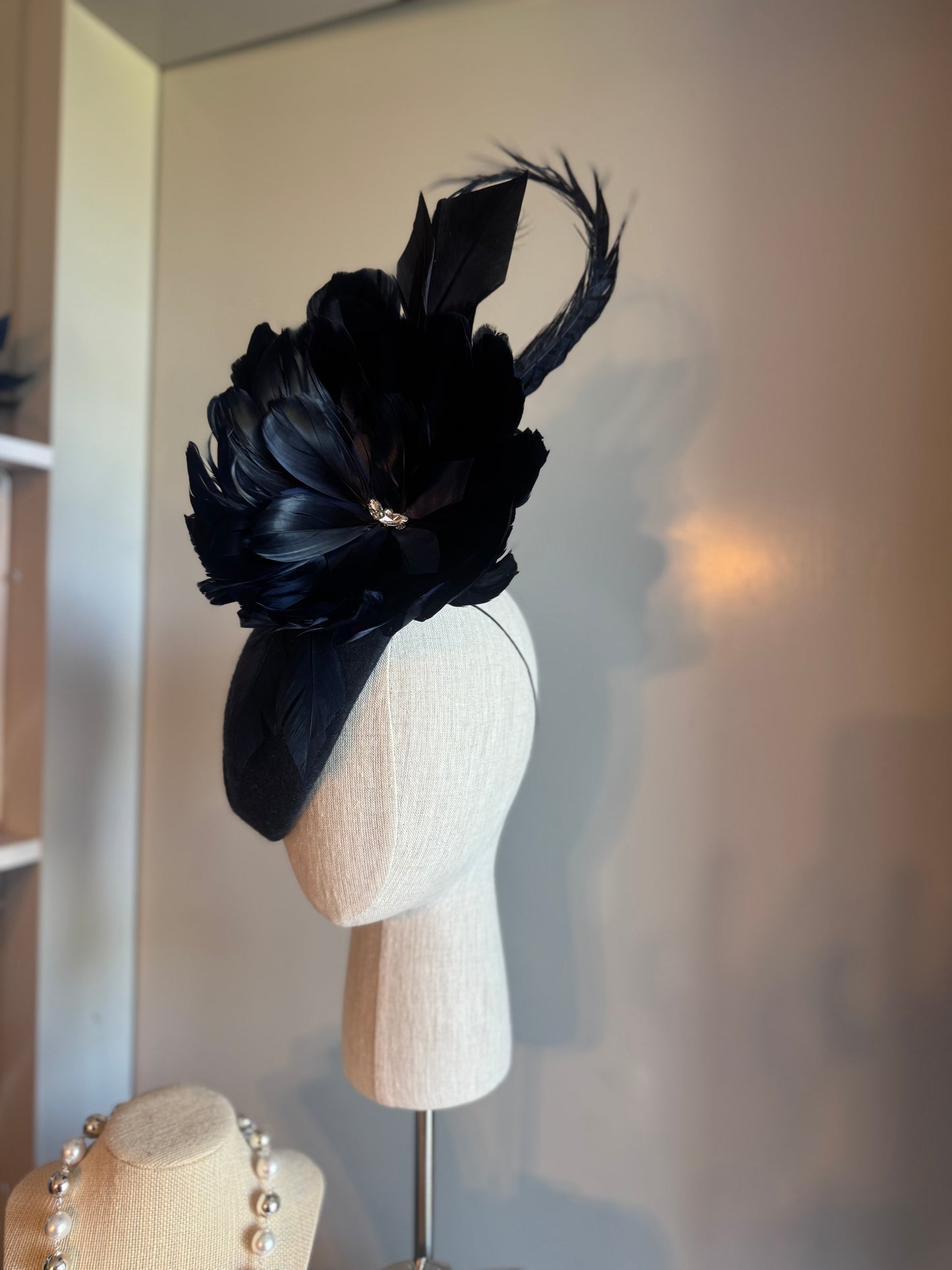 “Laura” Navy feather statement pillbox