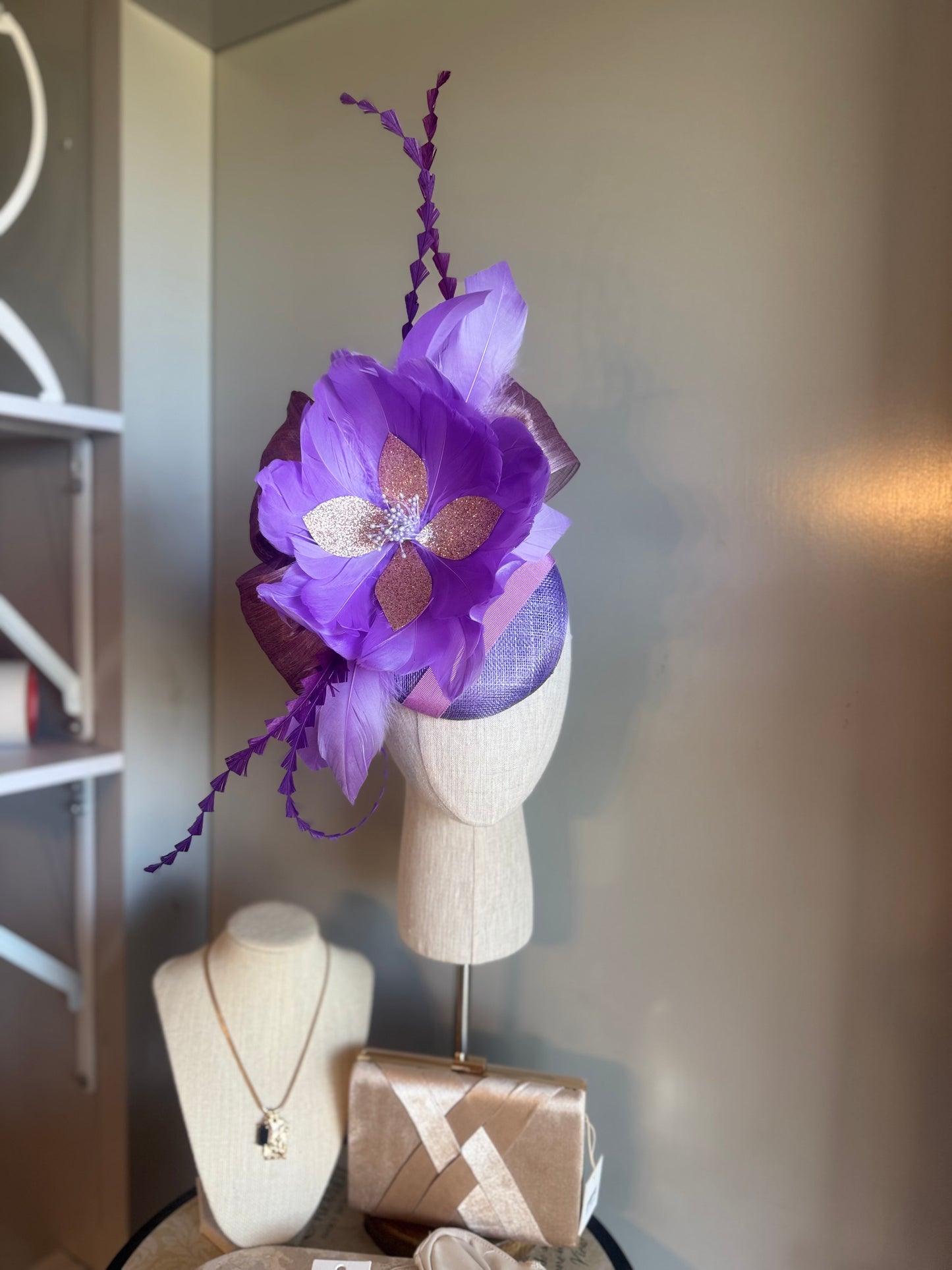 “Audrey” purple lilac rose gold feather floral