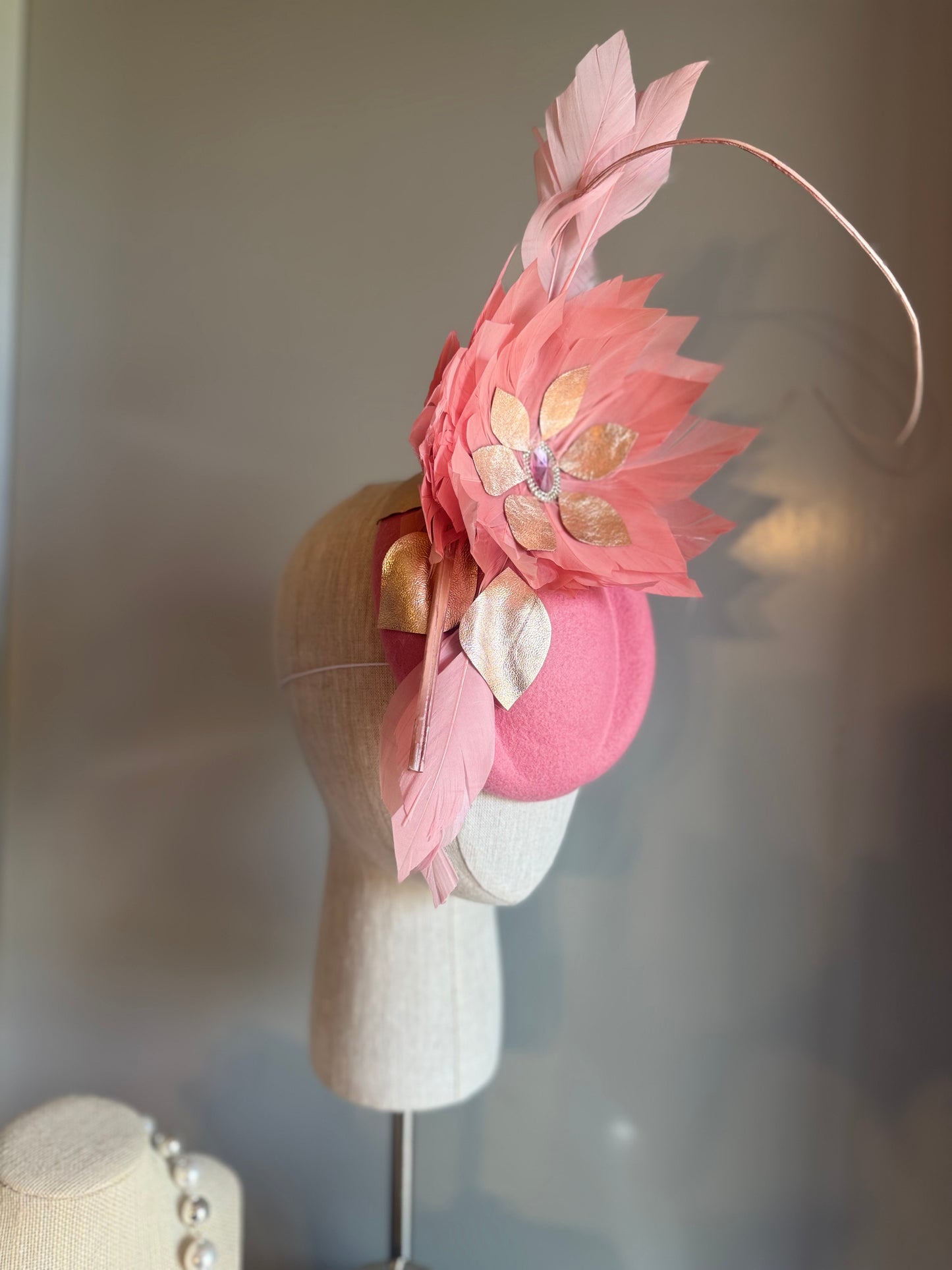 “Trish” pink & Rose gold feather statement