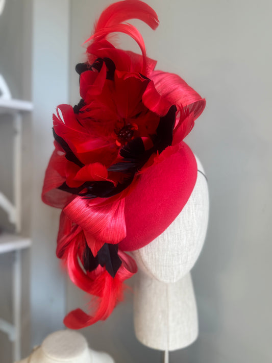 “Nettie” red & black felt/wool  pillbox