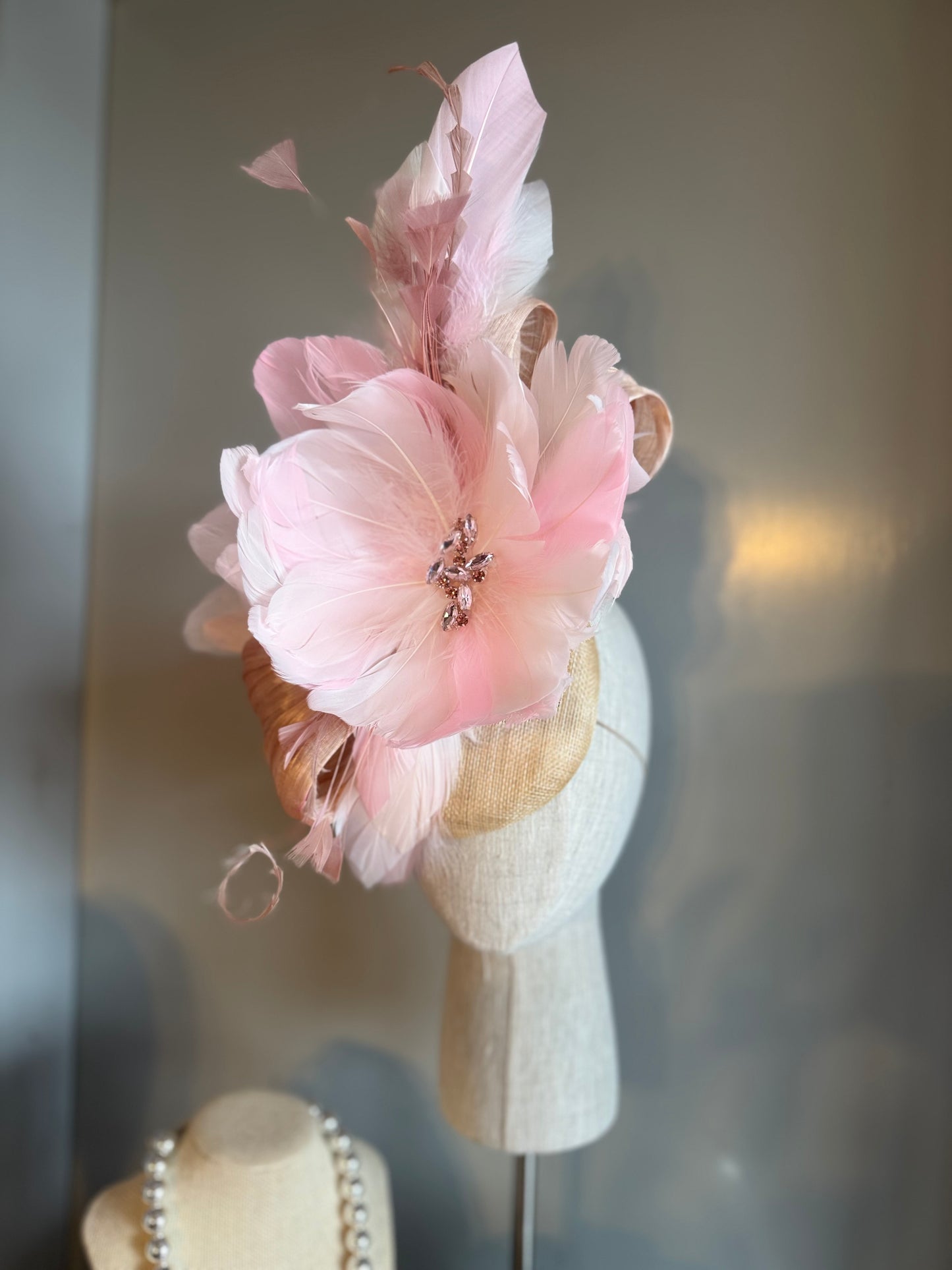 “Aubrey” soft pinks & cream feather floral statement