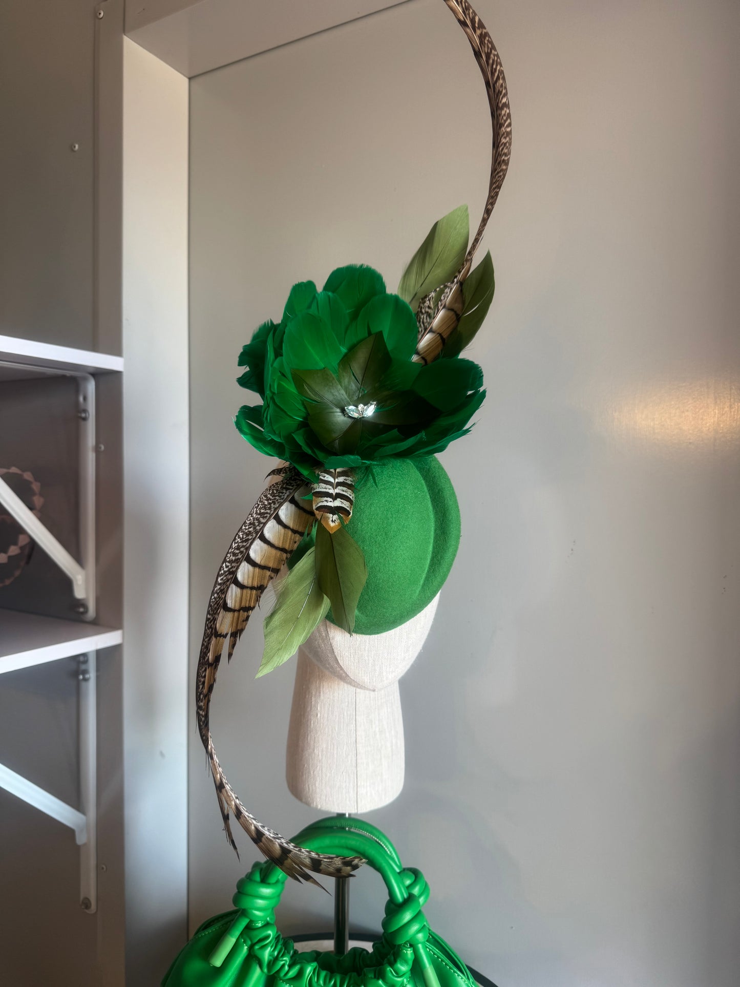 “Carla” Green feather statement felt/wool pillbox