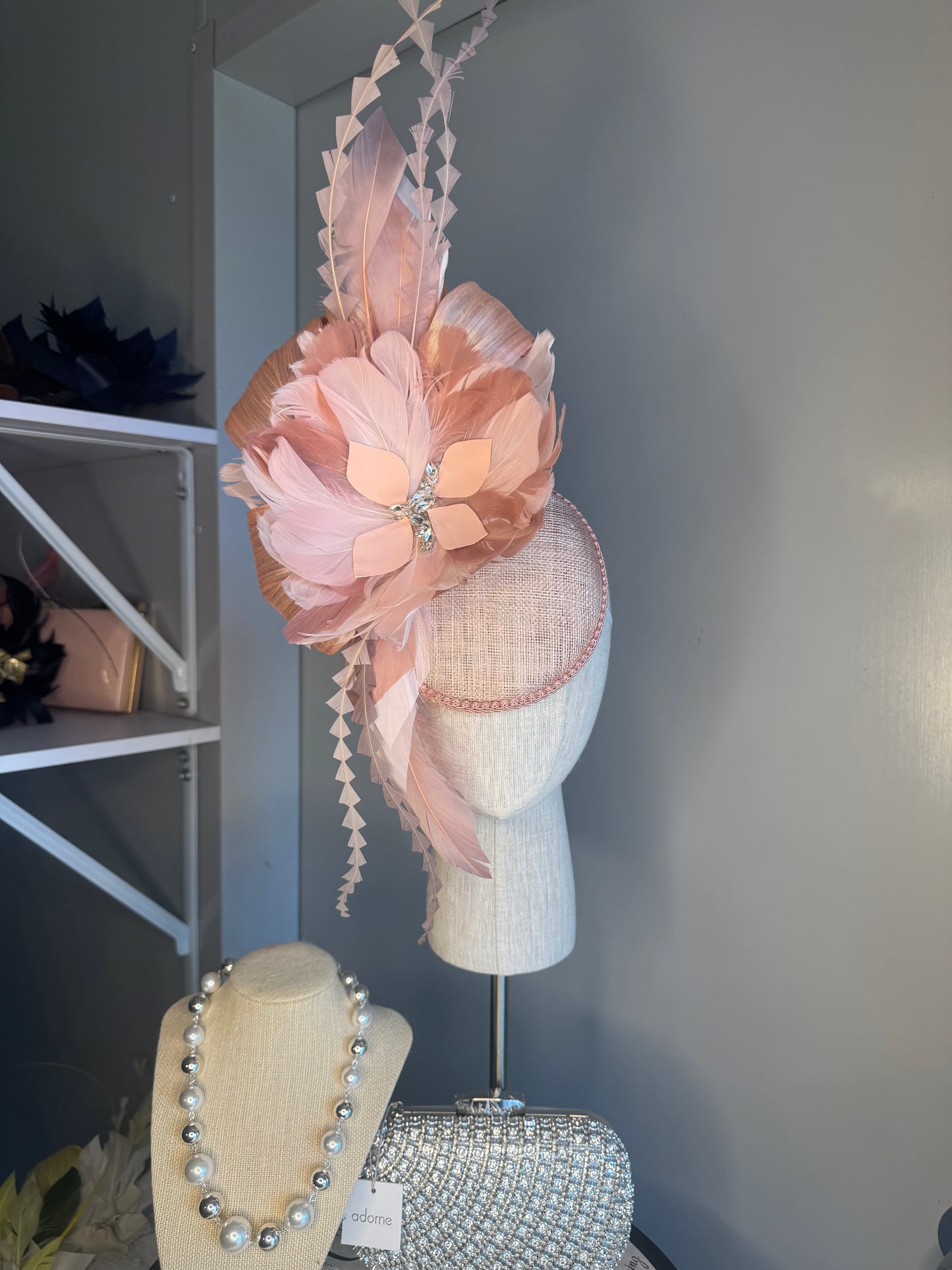 “Melinda” blush pink feather statement