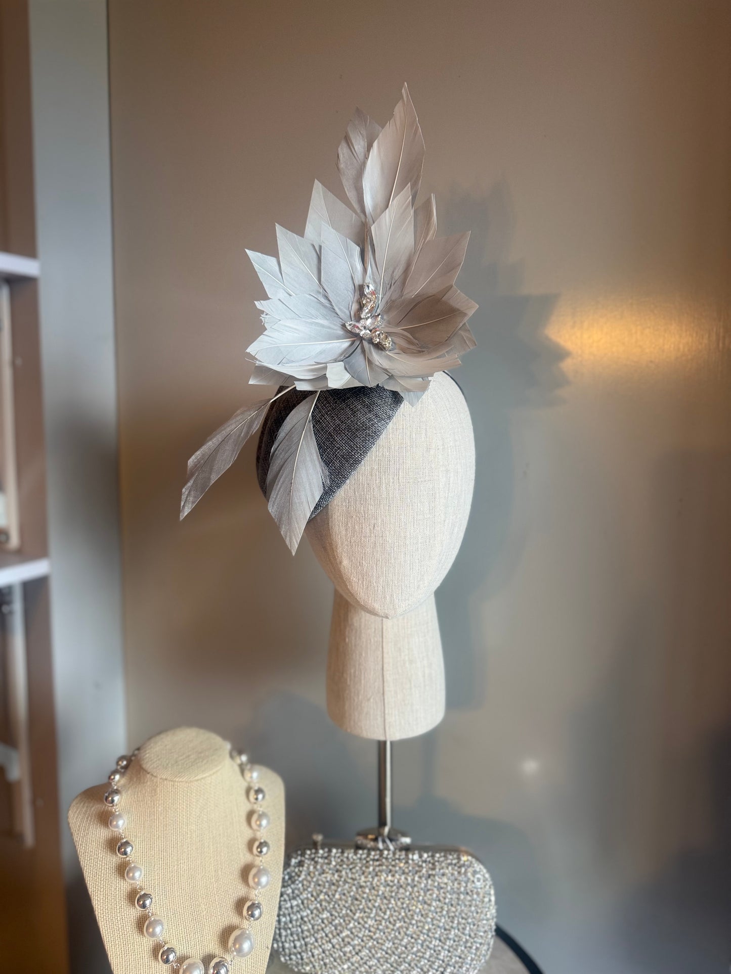 “Sylvie” grey feather linen pillbox