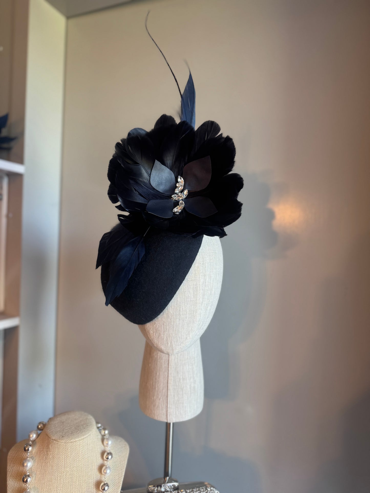 “Ashley” Navy feather statement pillbox