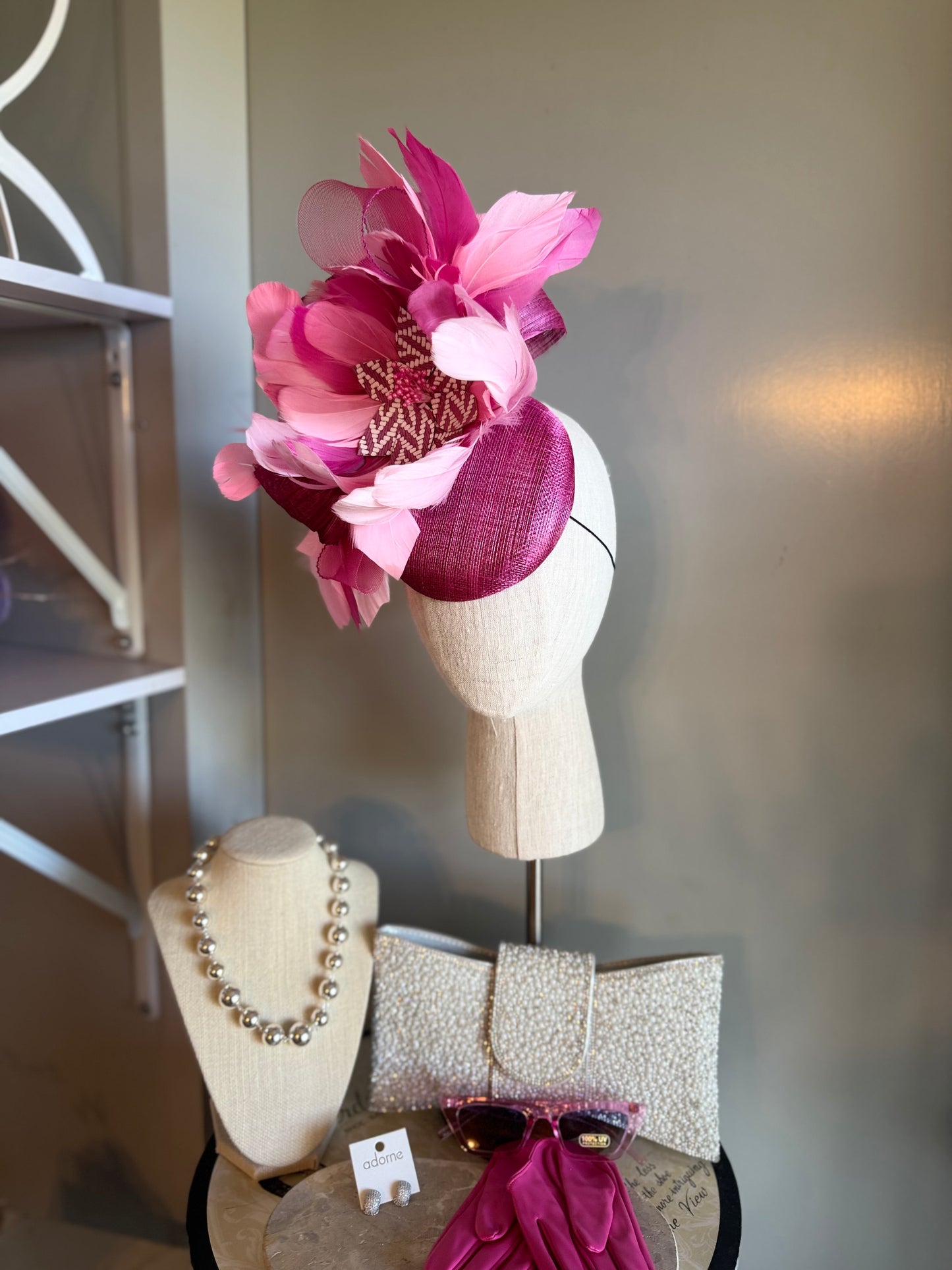 “Dimity” pink feather floral statement fascinator