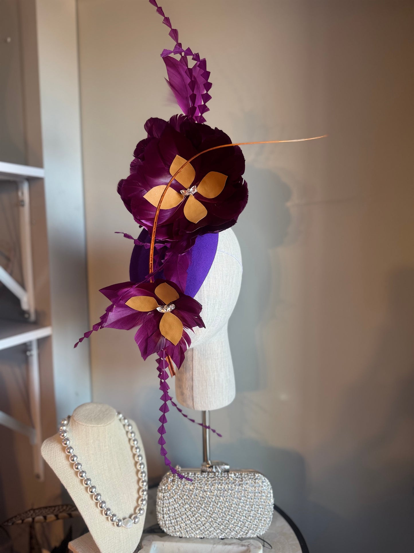 “Mimi” purple and tan feather felt/wool pillbox