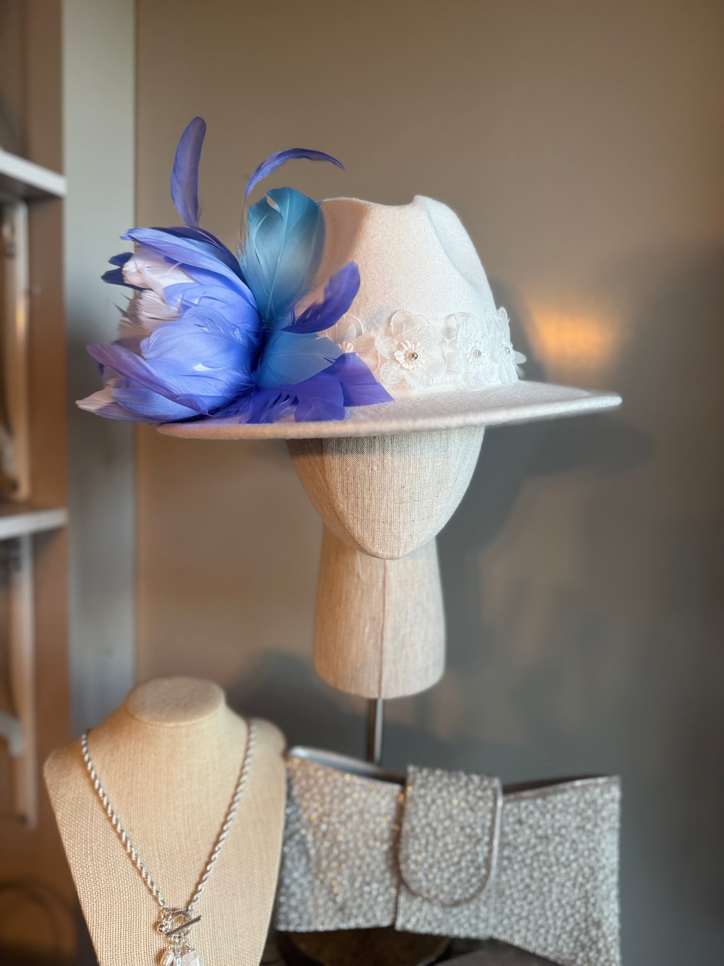 “Clarissa” white & blue trilby hat