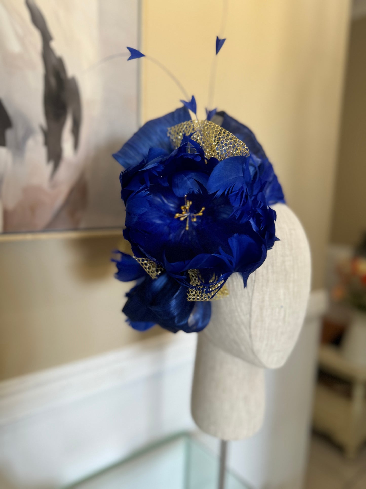 “Roslyn” cobalt & gold feather floral