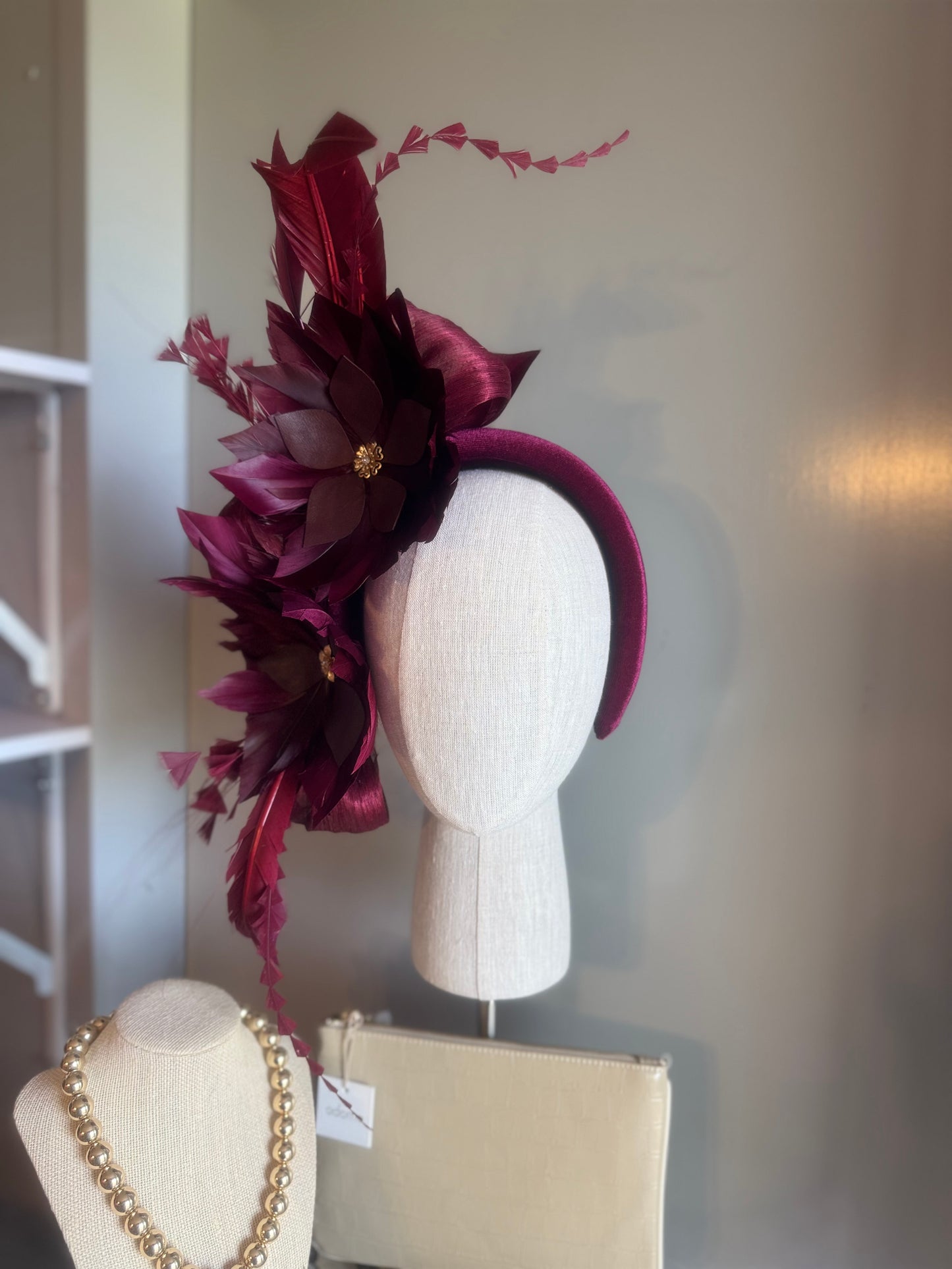 “Jenny” burgundy feather statement