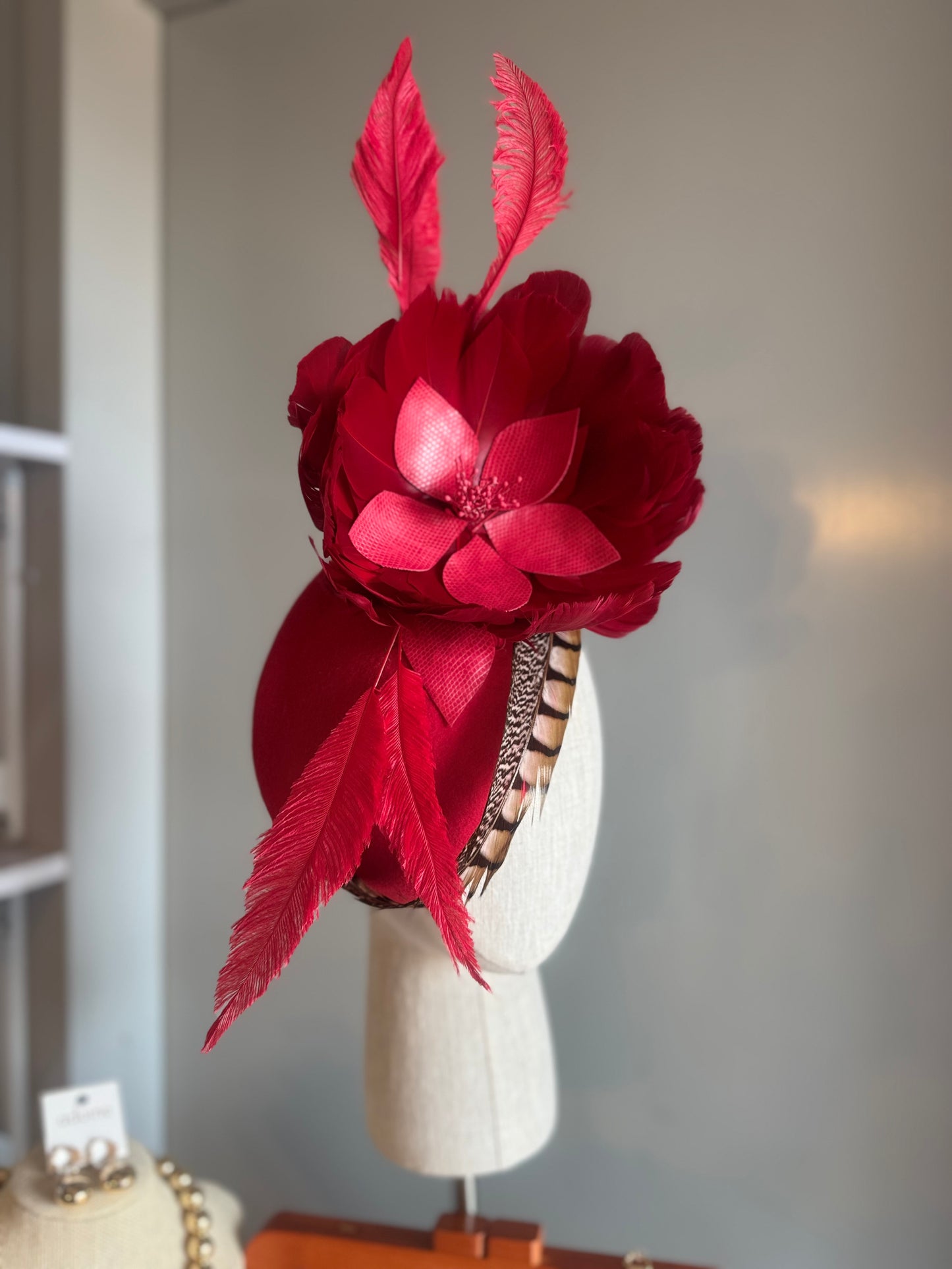 “Dixie” Red feather felt/wool pillbox